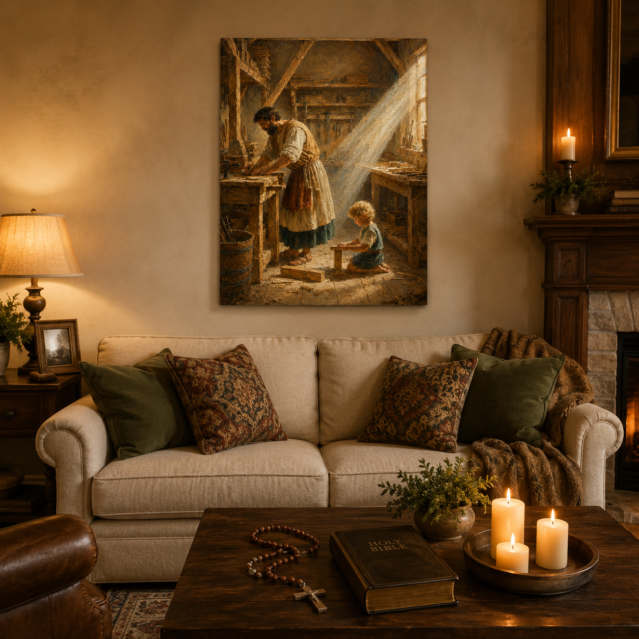 St Joseph Teaching Jesus Carpentry Canvas Print, Catholic Home Decor