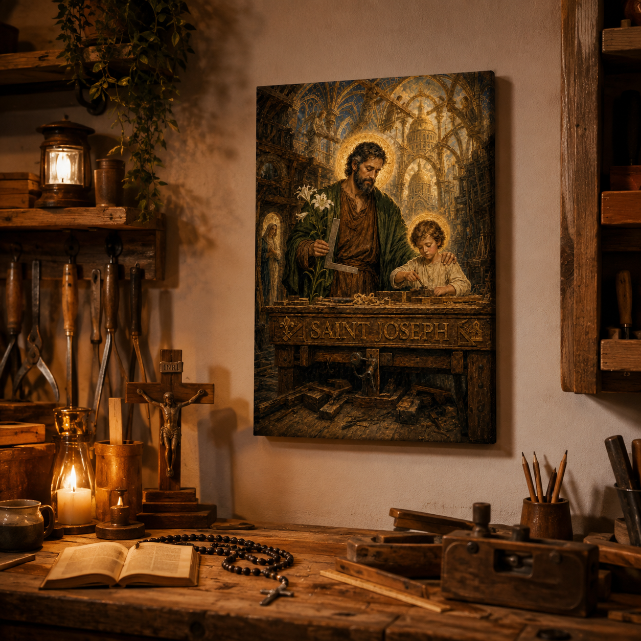 Saint Joseph and Child Jesus Canvas Print, Catholic Wall Decor, Faith Gift for Home