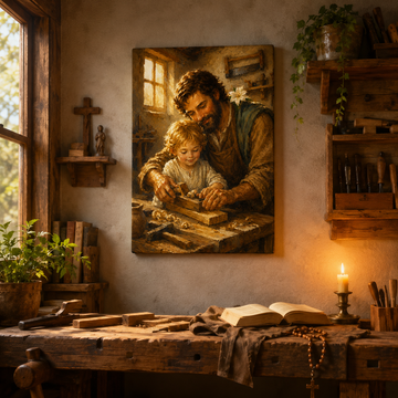 St Joseph and Young Jesus Canvas Print, Catholic Christian Family Decor