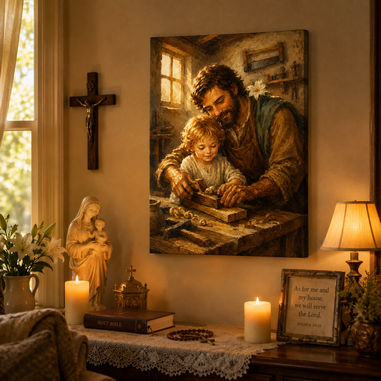 St Joseph and Young Jesus Canvas Print, Catholic Christian Family Decor