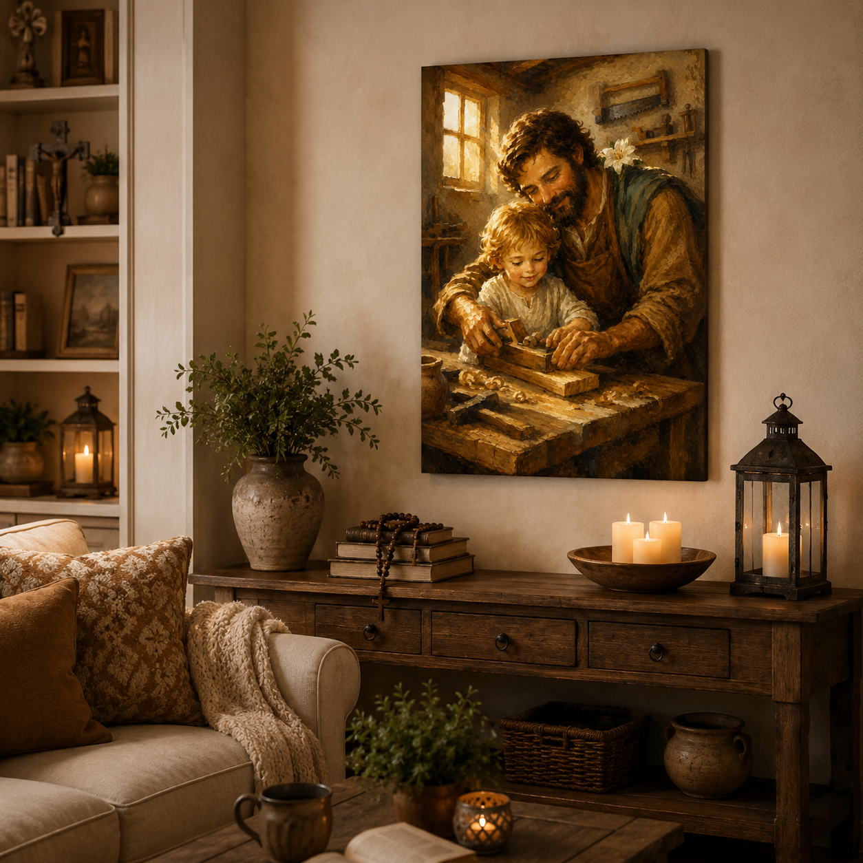 St Joseph and Young Jesus Canvas Print, Catholic Christian Family Decor