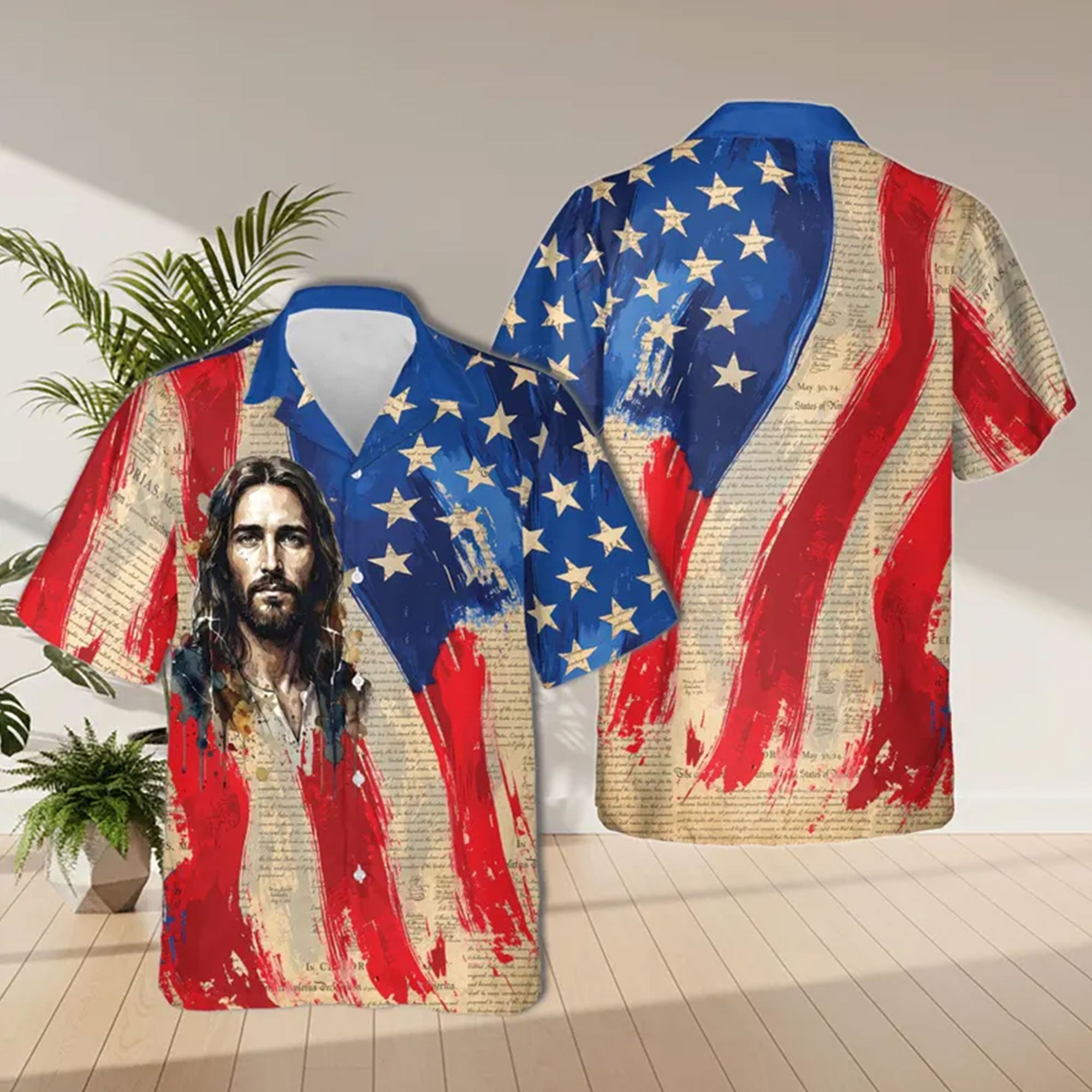 Jesus American Flag Hawaiian Shirt, Patriotic Christian Aloha Shirt, USA Faith Apparel