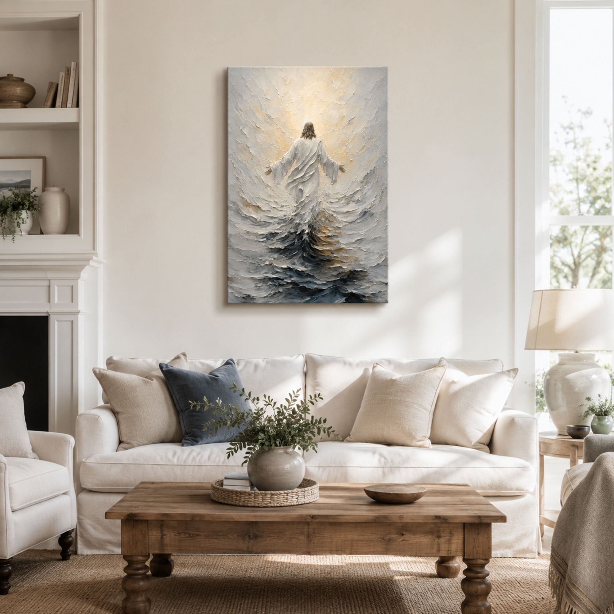 Jesus Above the Stormy Sea Canvas Print, Light Filled Christian Decor