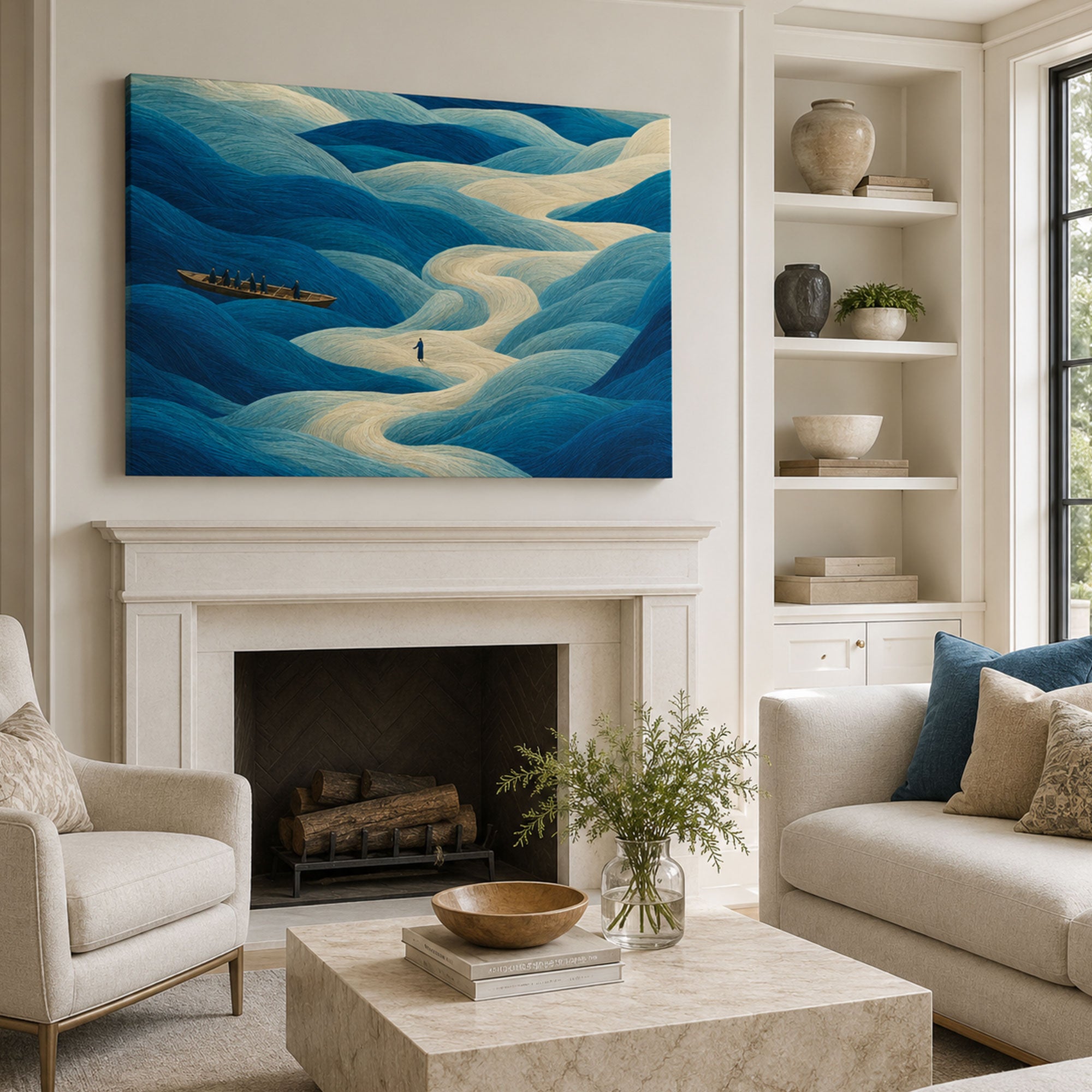 Jesus Walking on Water Abstract Canvas Print, Blue Christian Faith Decor