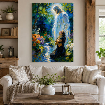 Vision of Christ Jesus Canvas Print, Ethereal Garden Oil Painting, Spiritual Christian Wall Art for Healing and Peace