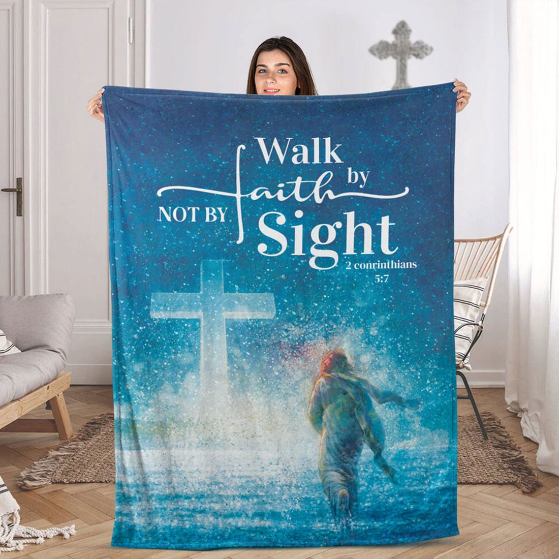 Jesus Walk By Faith Fleece Blanket, Christian Faith Throw, Inspirational Bible Verse Blanket, Religious Gift, Home Decor