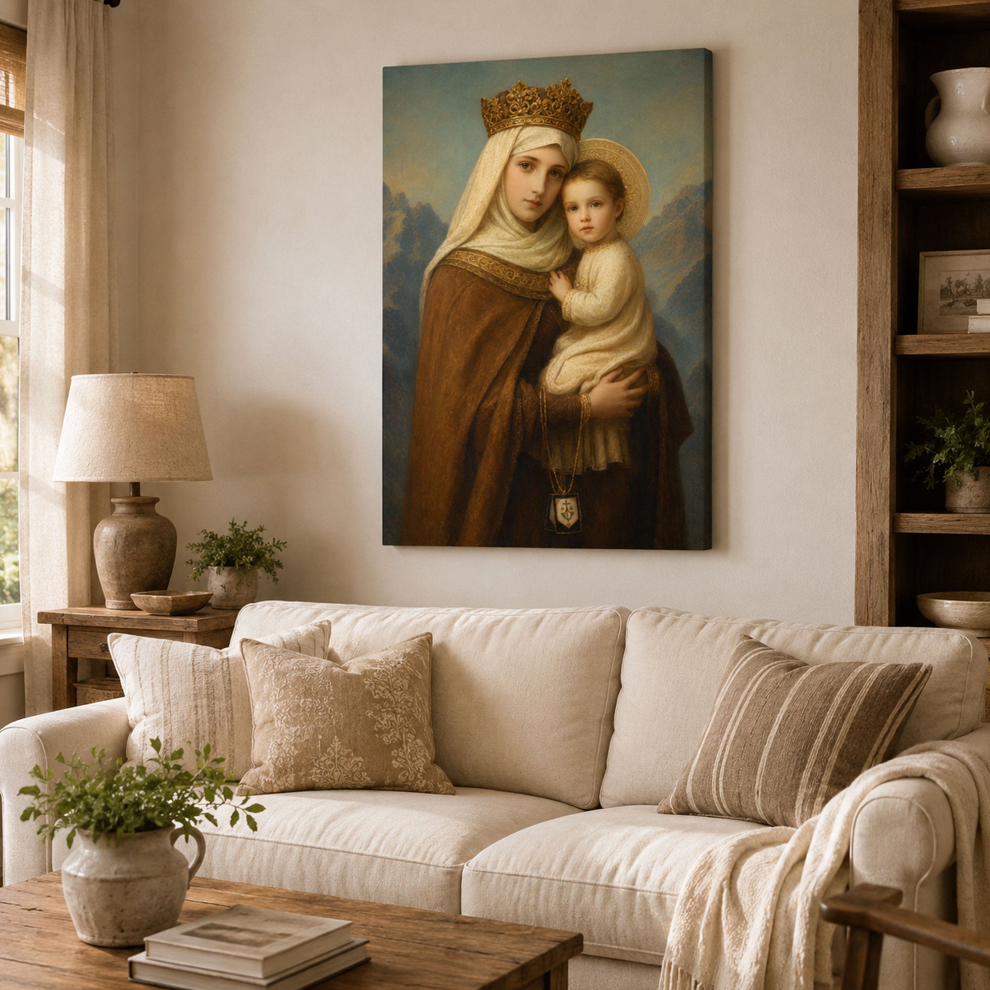 Our Lady of Mount Carmel Canvas Print, Catholic Virgin Mary with Child Jesus Wall Art Gift