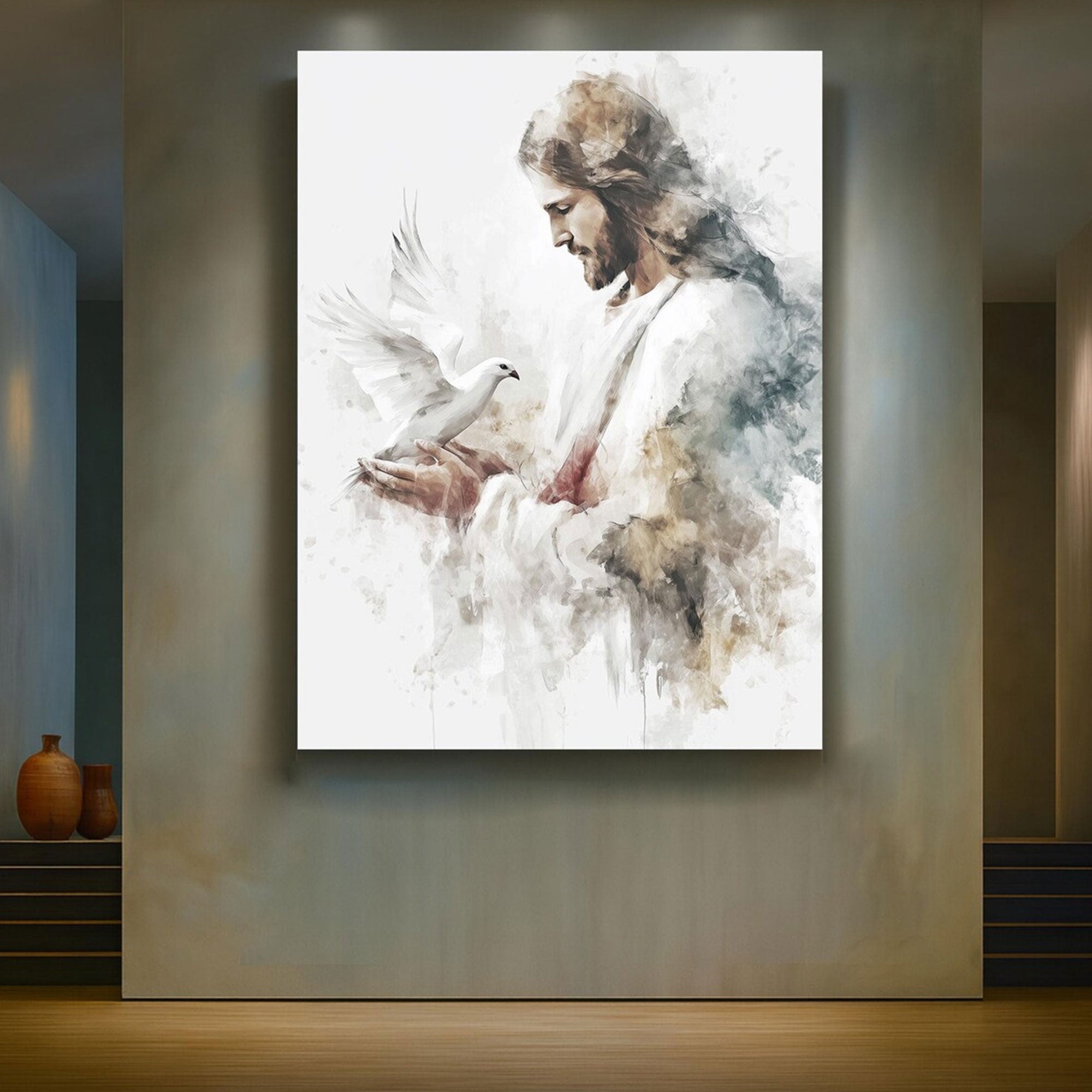 Jesus Dove Canvas Wall Art, Christ Peace Watercolor Painting, Christian Religious Home Decor