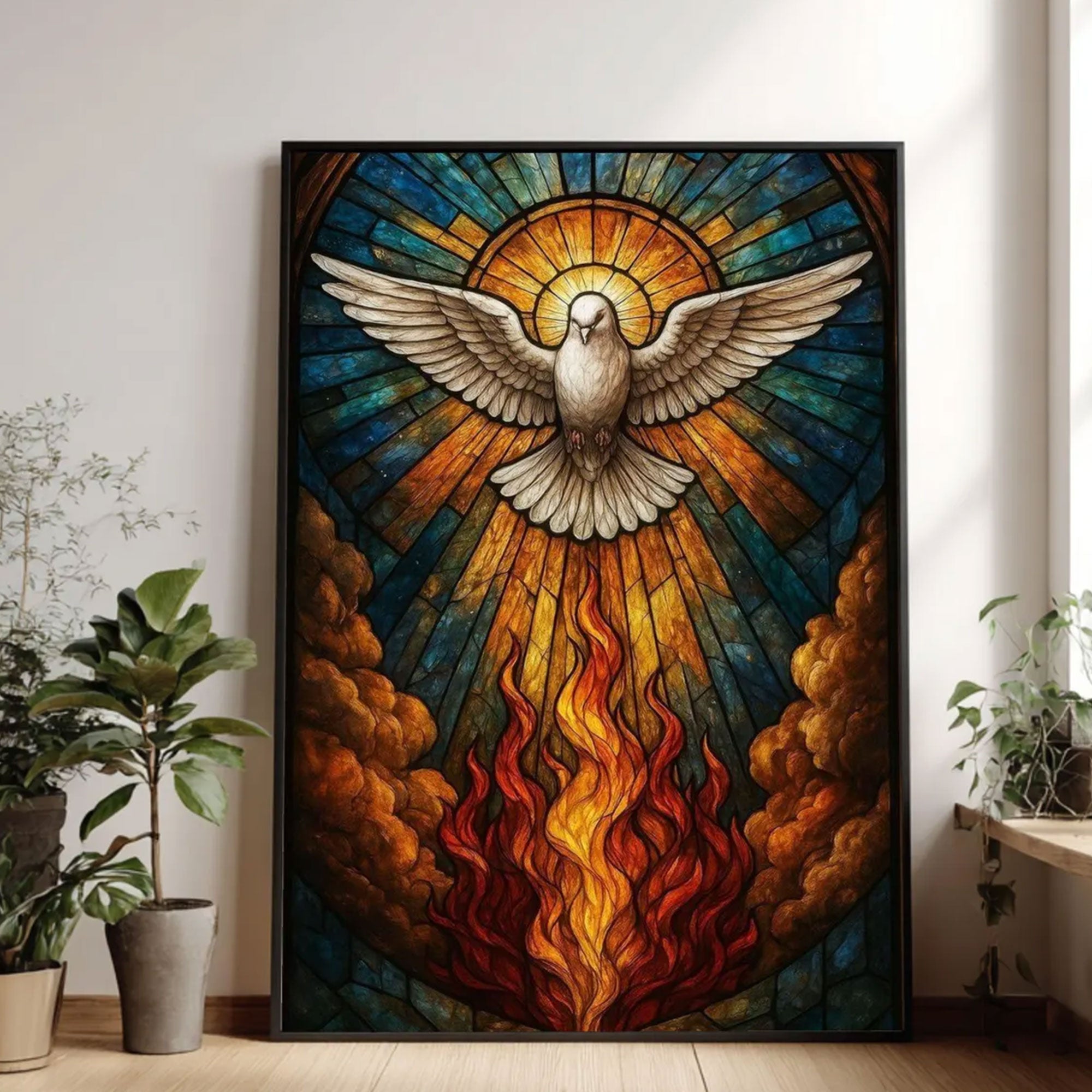 Spiritual Dove Canvas Wall Art, Stained Glass Style Holy Fire and Divine Light, Inspirational Christian Faith Home Decor