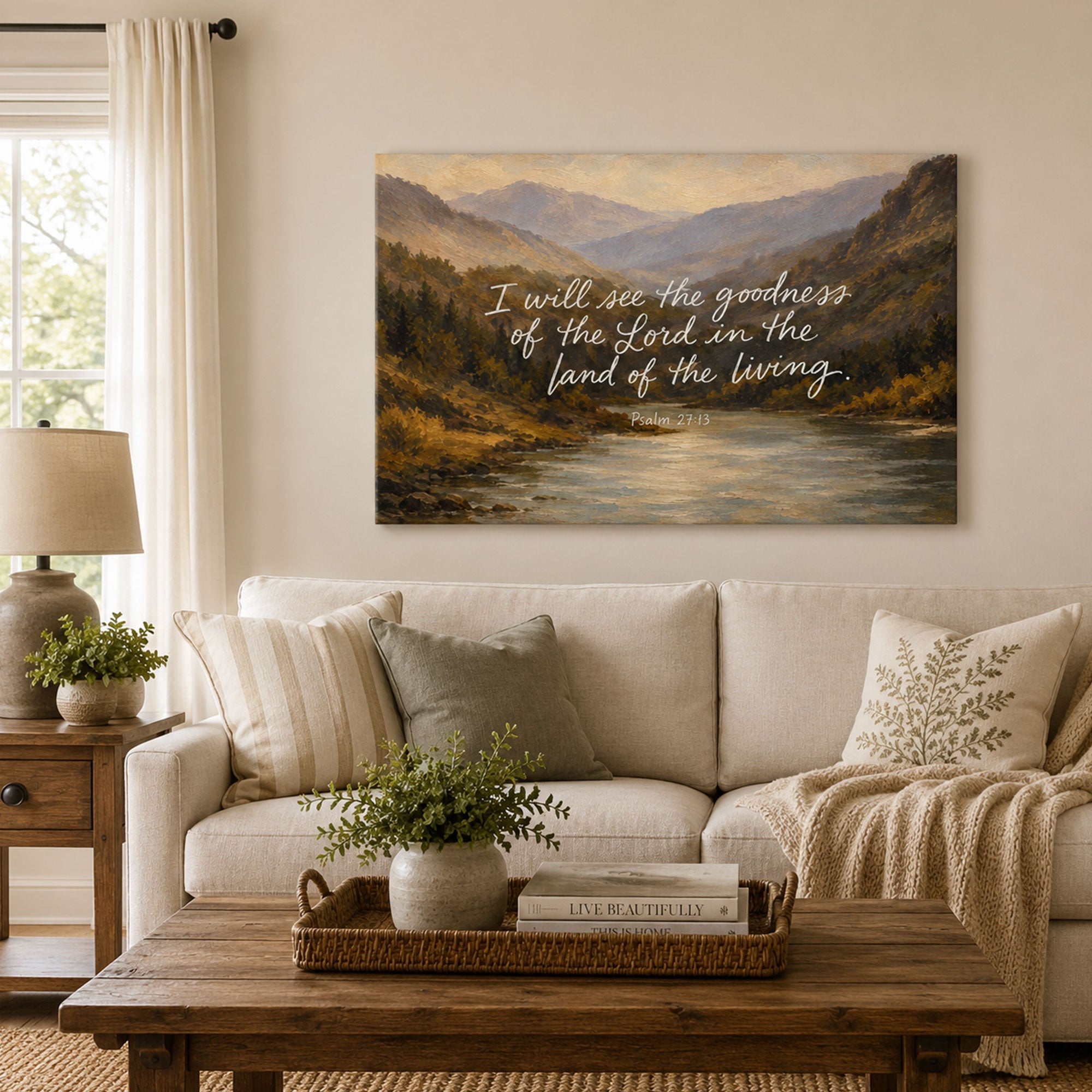 Psalm 27:13 Canvas Print, Mountain River Scripture Wall Art, Christian Faith Home Decor Gift