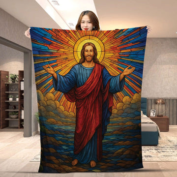 Retro Colorful Jesus Christ Fleece Blanket, Stained Glass Faith Throw, Christian Religious Gift, Inspirational Home Decor