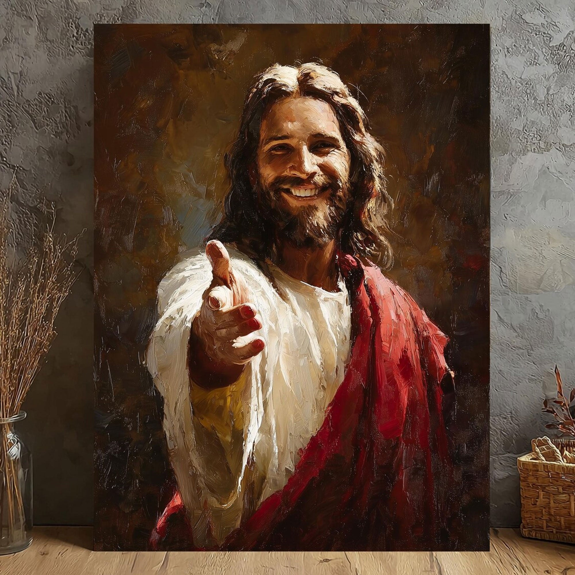 Smiling Jesus Welcoming Canvas Print, Inspirational Christian Faith Wall Art, Religious Home Decor Gift