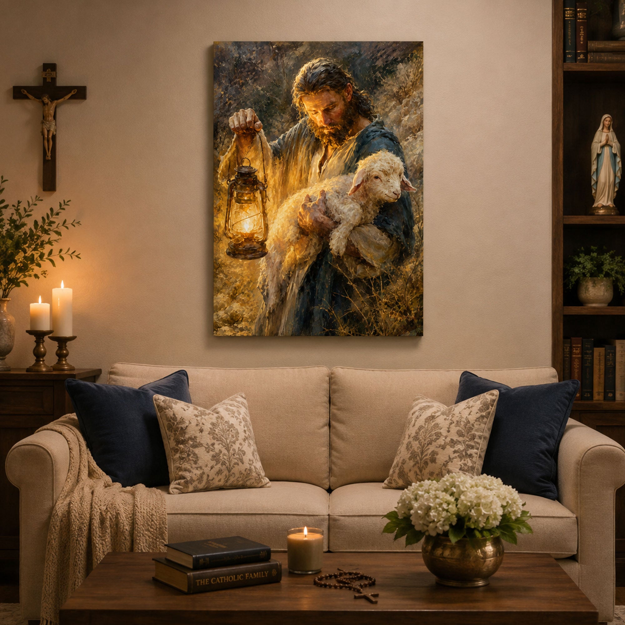 Jesus Searching for the Lost Lamb with Lantern Canvas Print, Christian Home Decor
