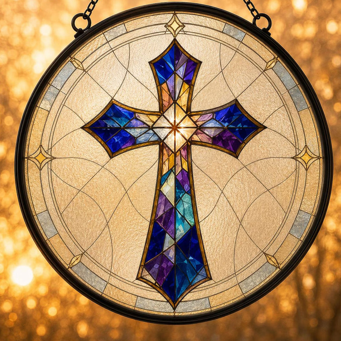 Christian Cross Stained Glass Suncatcher, Blue Purple Faith Window Hanging, Religious Gift