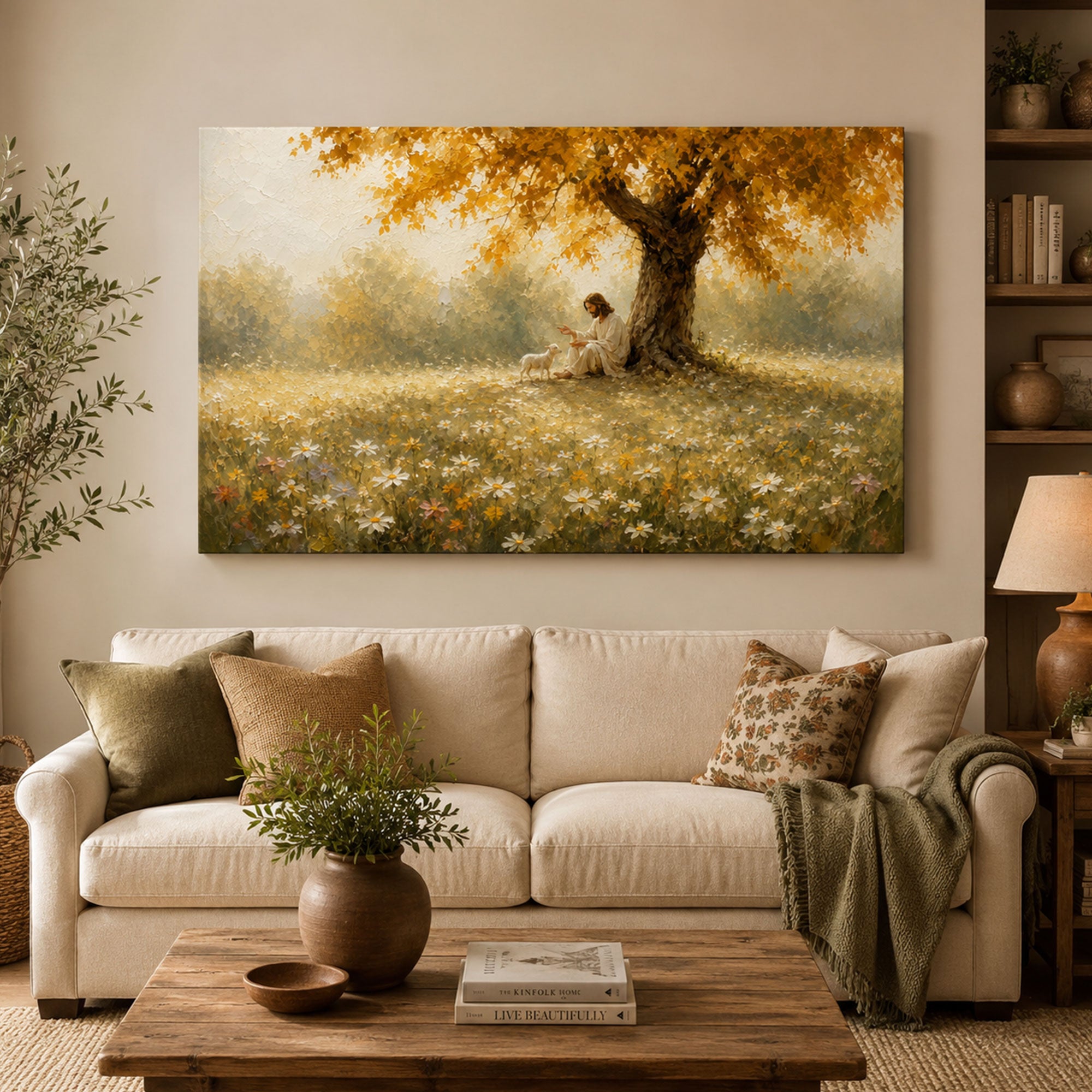 Good Shepherd Jesus with Lamb Canvas Print, Peaceful Christian Wall Art, Meadow Faith Home Decor