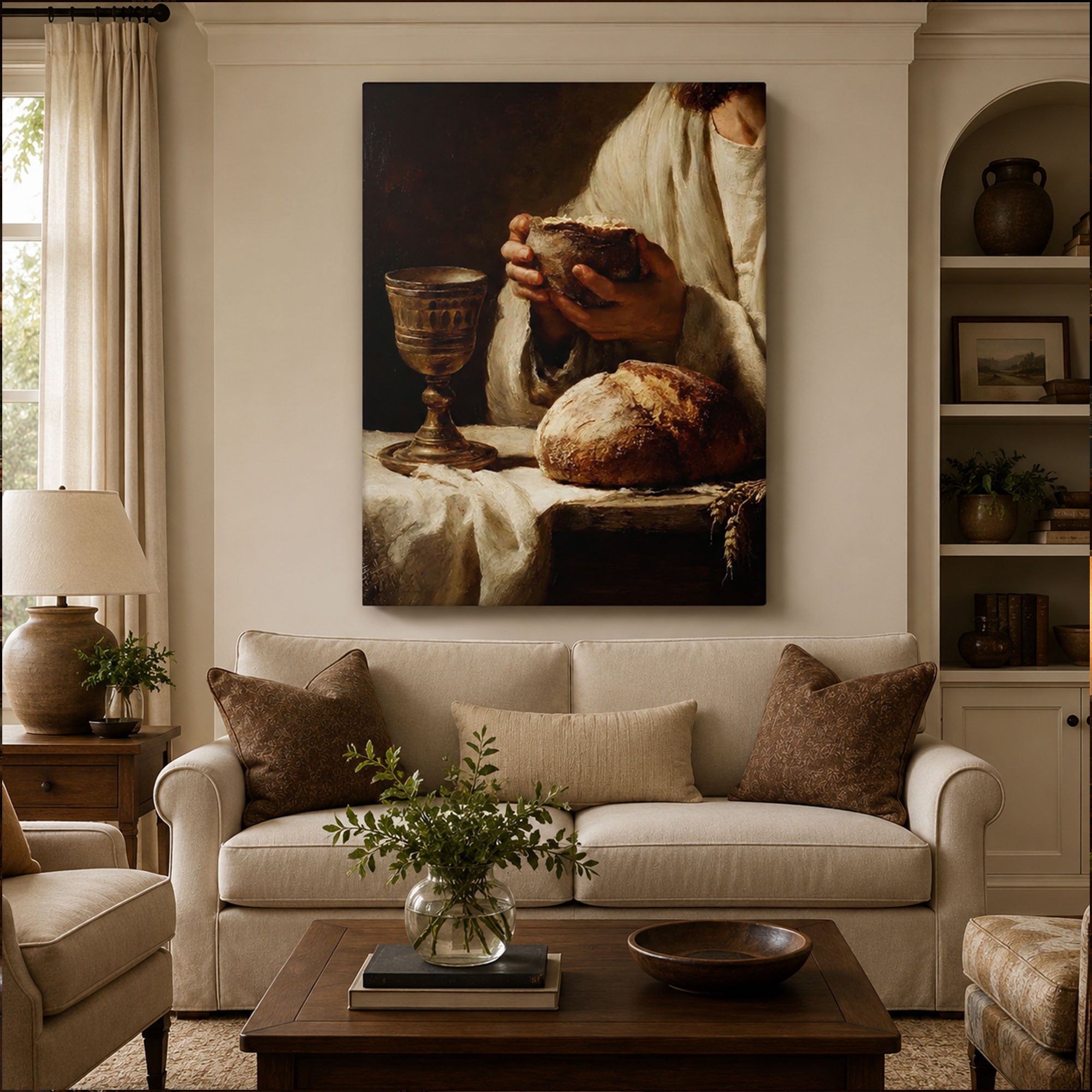 Jesus Breaking Bread Canvas Print, Eucharist Bread and Wine Christian Wall Art, Sacred Communion Decor