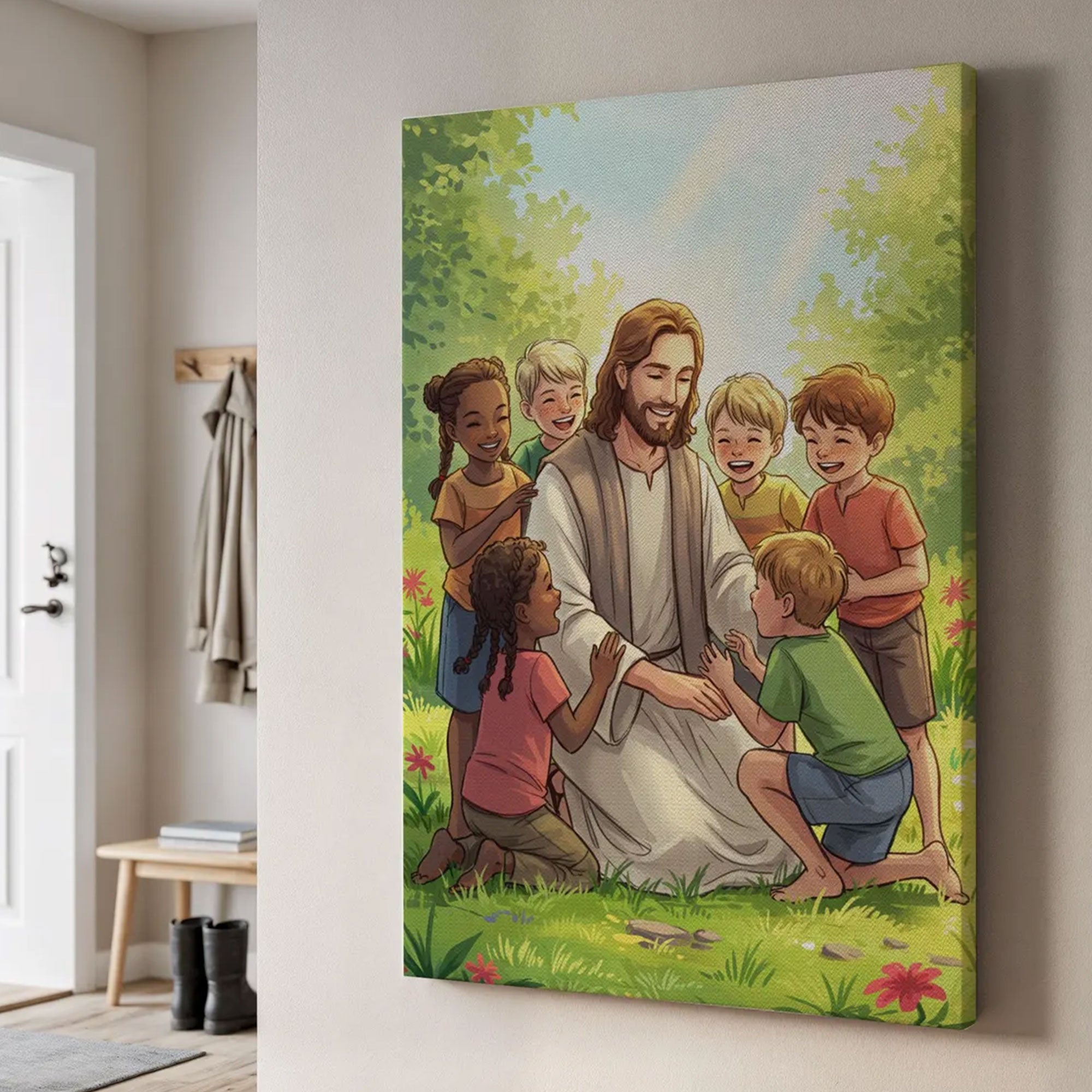 Jesus with Children Canvas Print Joyful Christian Wall Art Faith Filled Home Decor Spiritual Gift of Love and Innocence