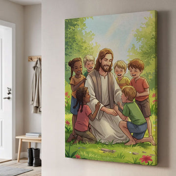 Jesus with Children Canvas Print Joyful Christian Wall Art Faith Filled Home Decor Spiritual Gift of Love and Innocence