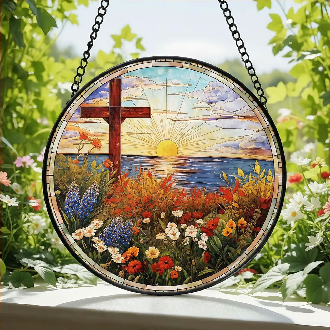 Sunrise Cross Suncatcher, Coastal Christian Window Decor, Religious Faith Gift for Home