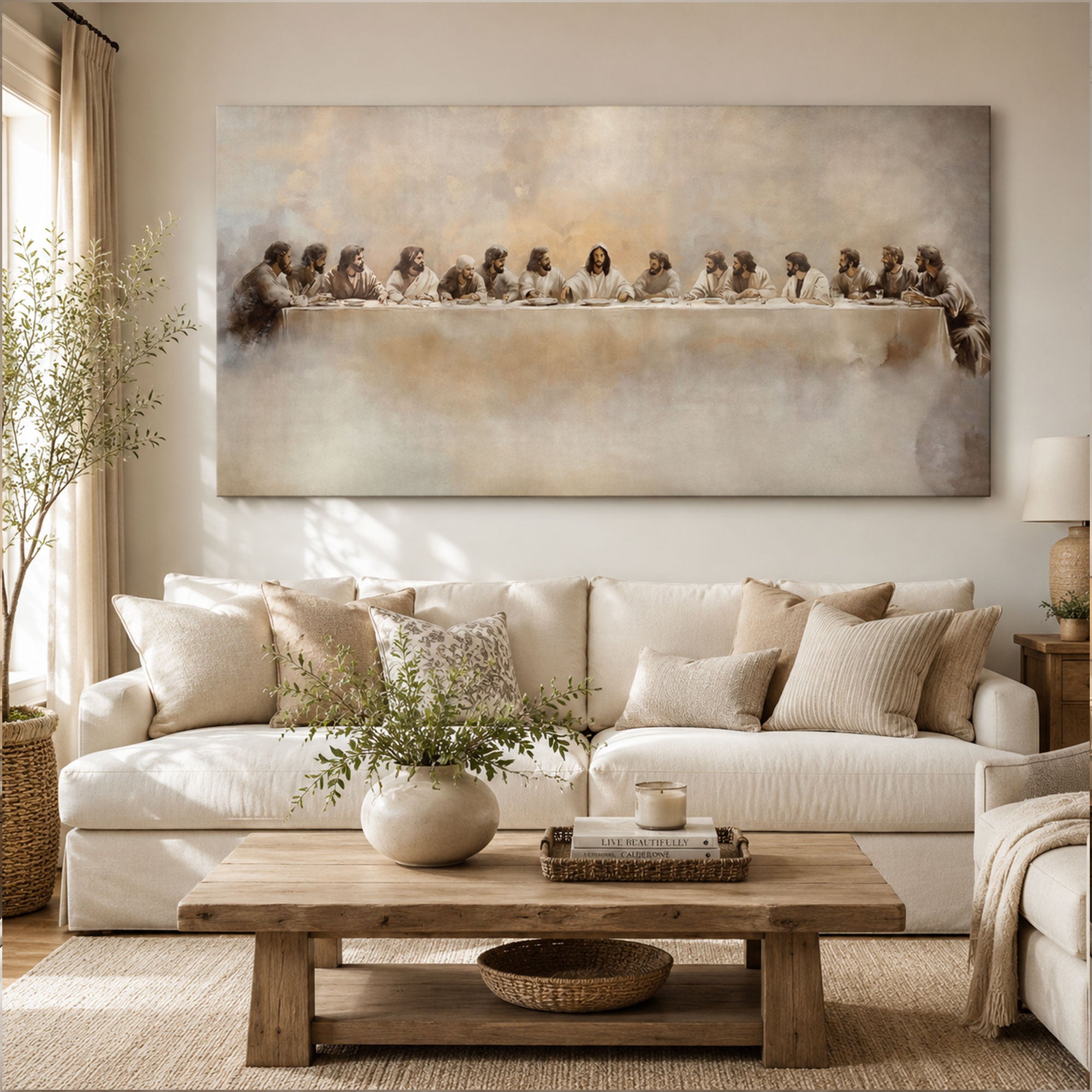 Neutral Last Supper Canvas Print Minimalist Jesus and Apostles Christian Wall Art Modern Faith Decor