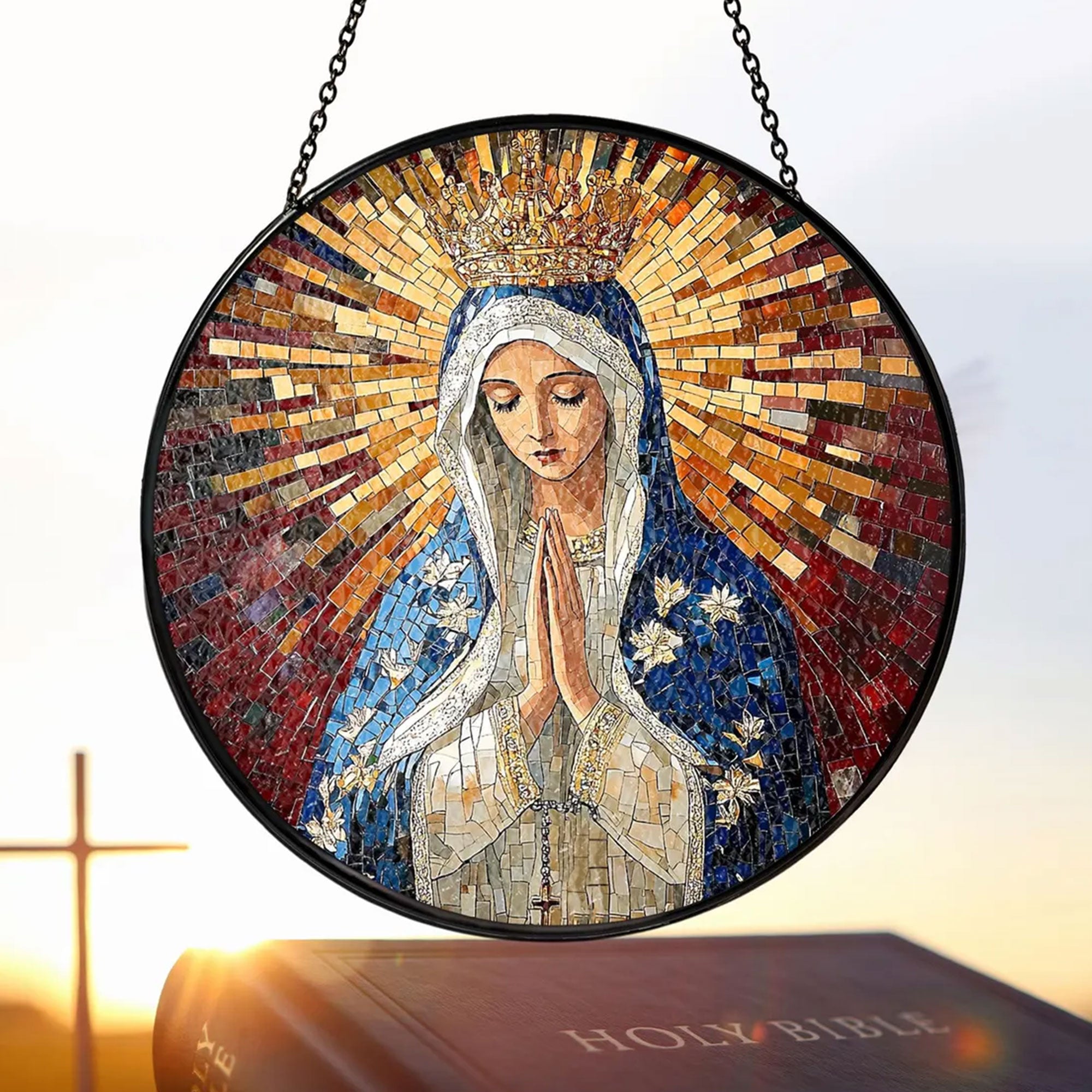 Blessed Virgin Mary Stained Glass Suncatcher, Praying Madonna Window Hanging, Catholic Religious Decor, Faith Gift