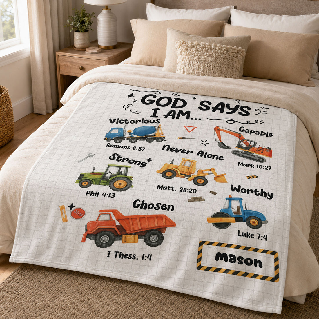 Personalized God Says I Am Construction Fleece Blanket, Christian Bible Verse Throw, Faith Gift for Boys