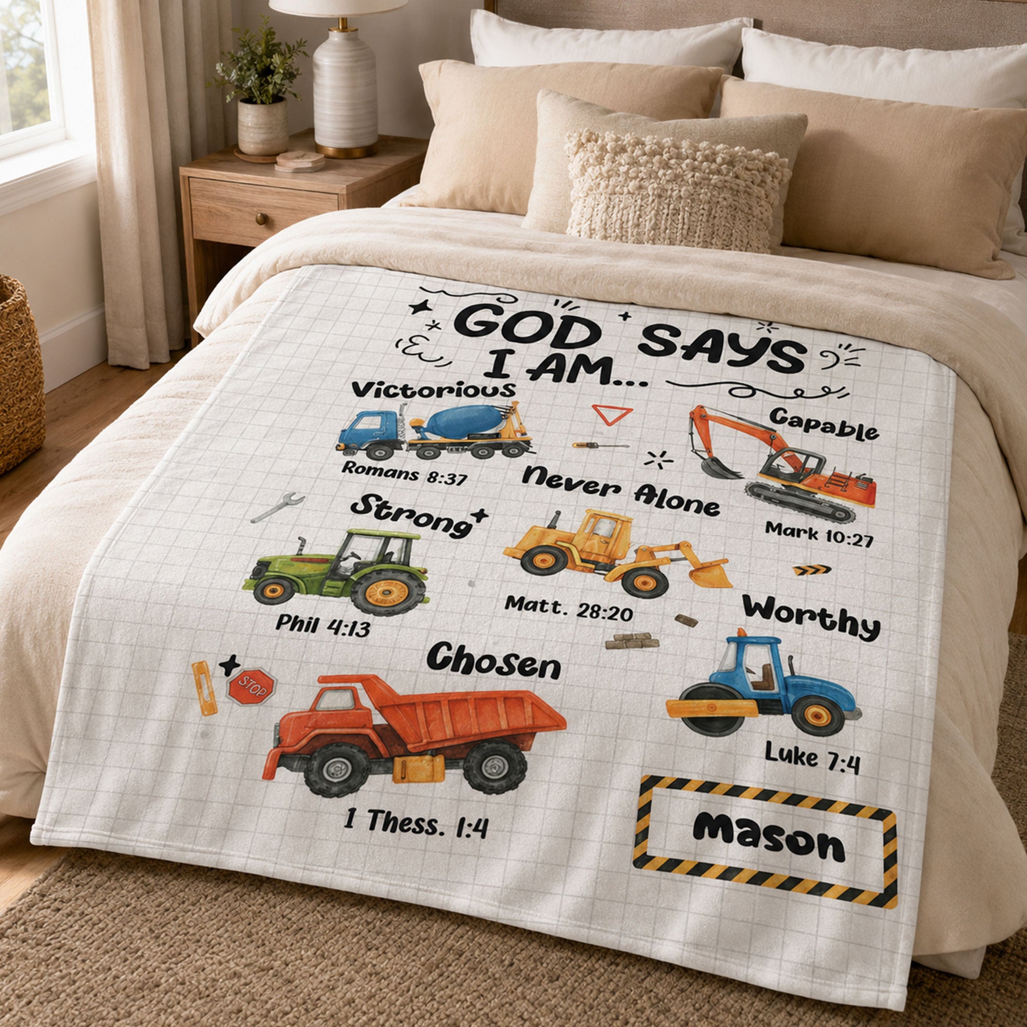 Personalized God Says I Am Construction Fleece Blanket, Christian Bible Verse Throw, Faith Gift for Boys