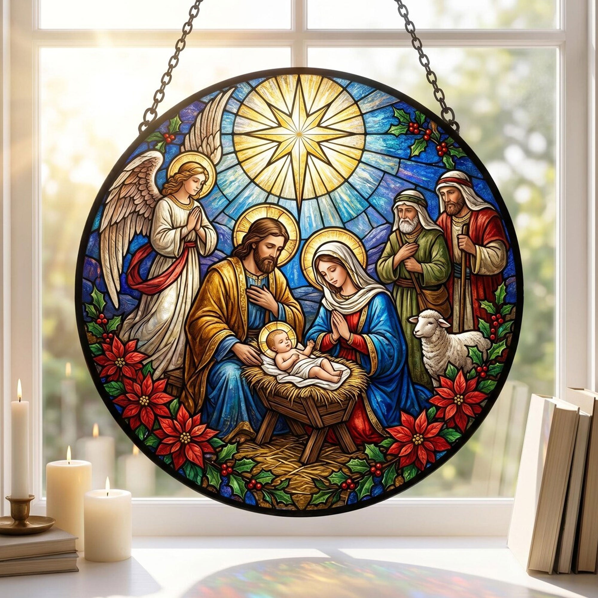 Nativity Scene Stained Glass Suncatcher, Holy Family Christmas Window Hanging, Christian Religious Home Decor