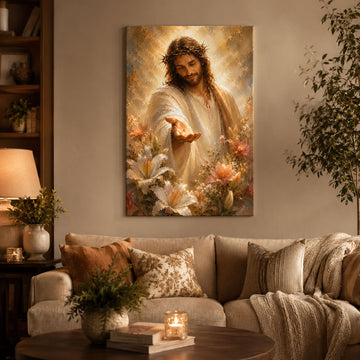 Jesus Reaching Out Canvas Print, Crown of Thorns Christian Wall Art, Floral Faith Home Decor