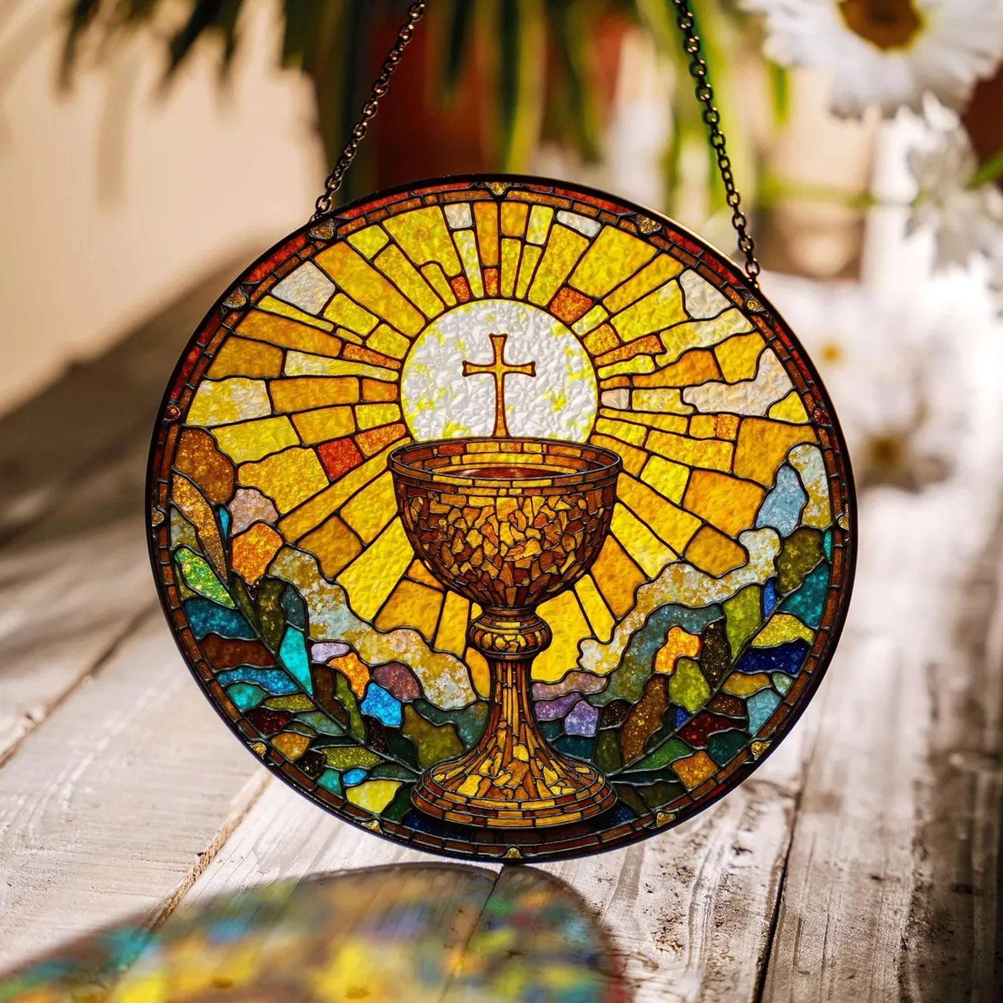 Holy Eucharist Chalice Stained Glass Suncatcher, Catholic Window Hanging Decor, First Communion Religious Gift