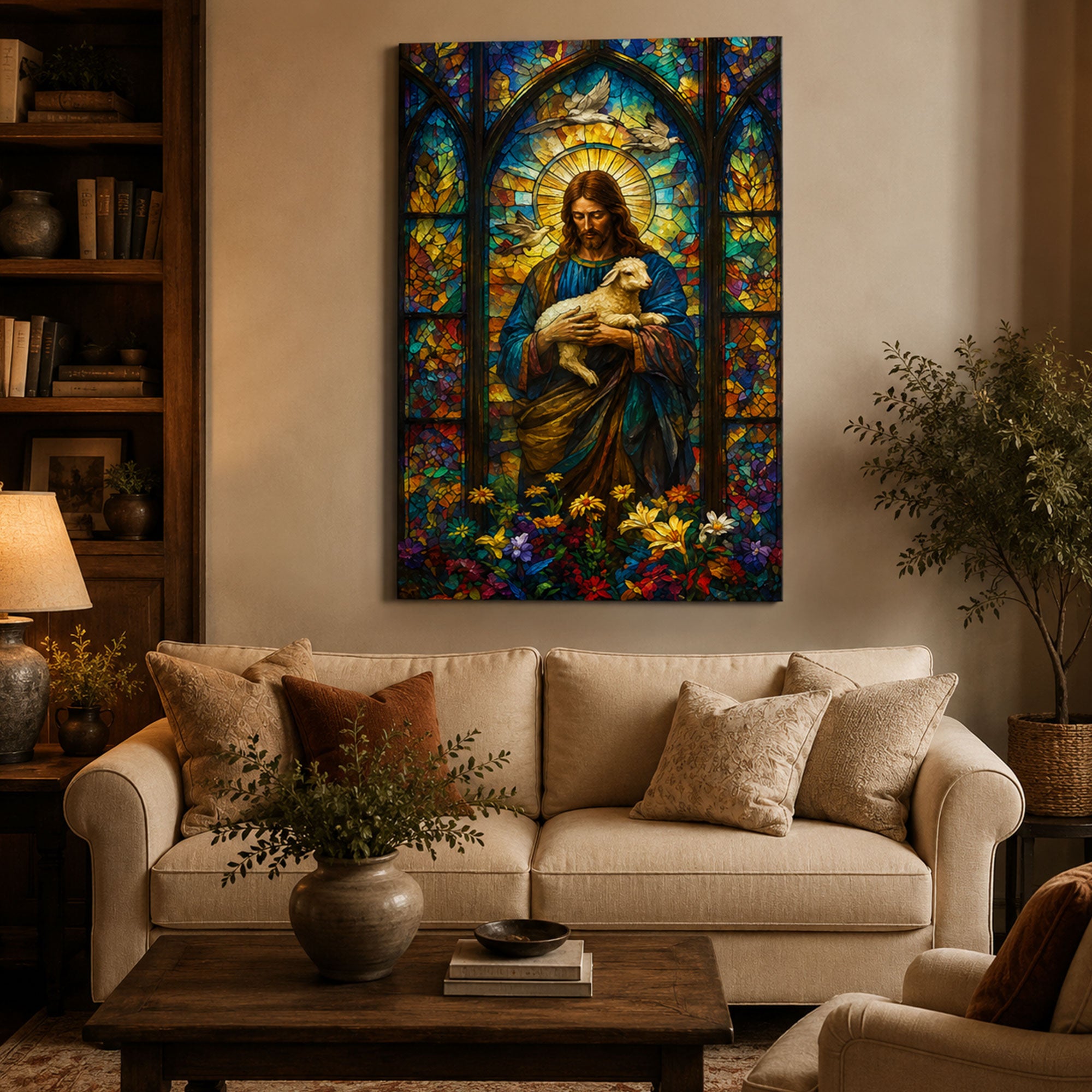 Jesus with Lamb Canvas Print, Stained Glass Christian Wall Art, Faith Home Decor