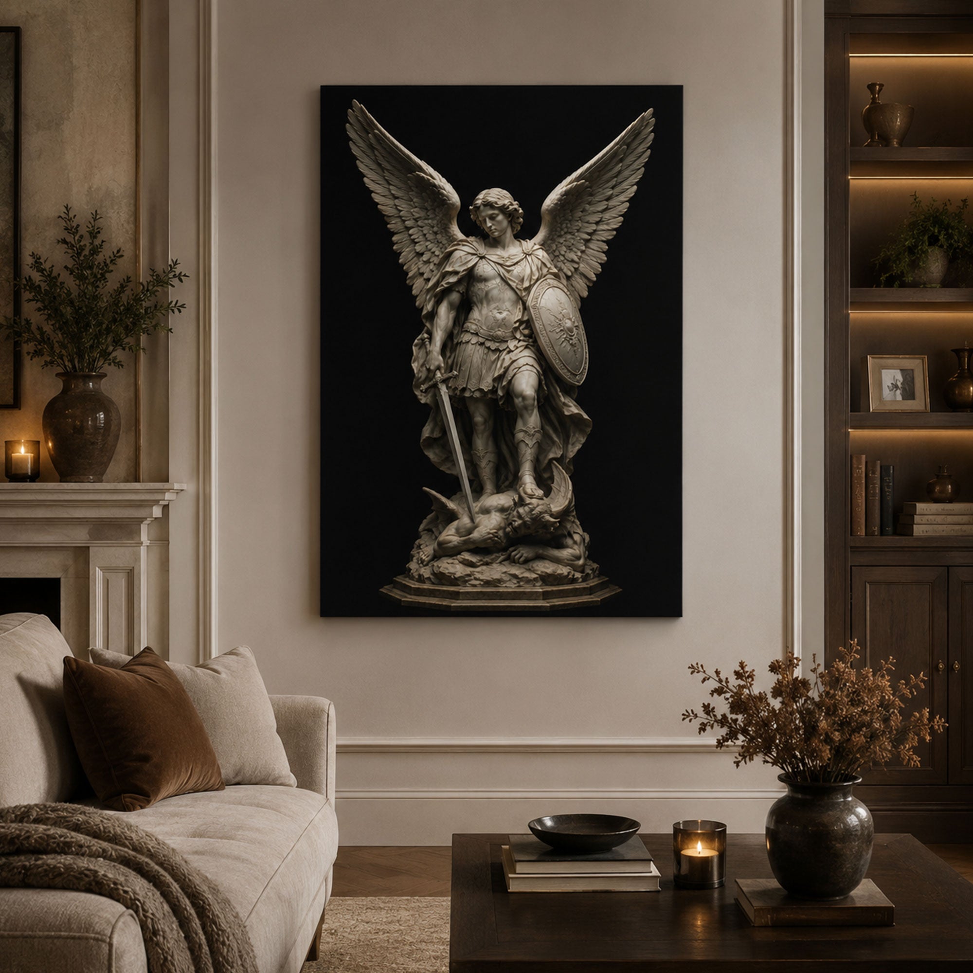 Saint Michael Archangel Statue Canvas Print, Catholic Angel Wall Art, Faith Home Decor Gift