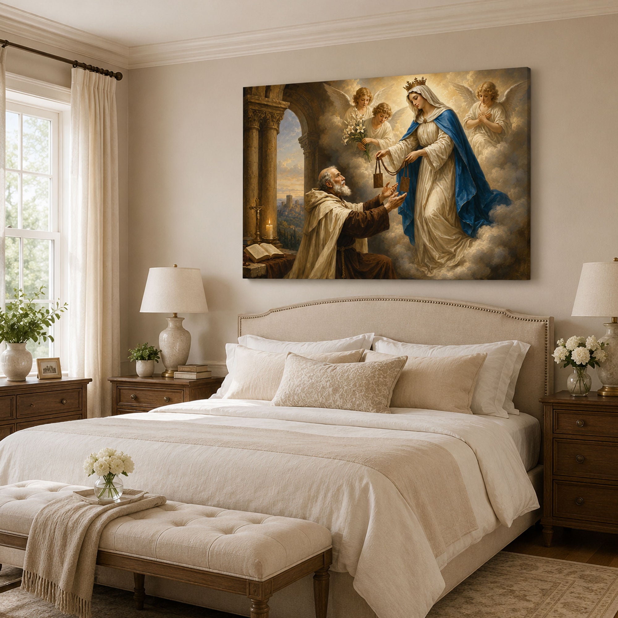 Our Lady of Mount Carmel Canvas Print, Virgin Mary Brown Scapular Catholic Wall Art, Faith Home Decor Gift