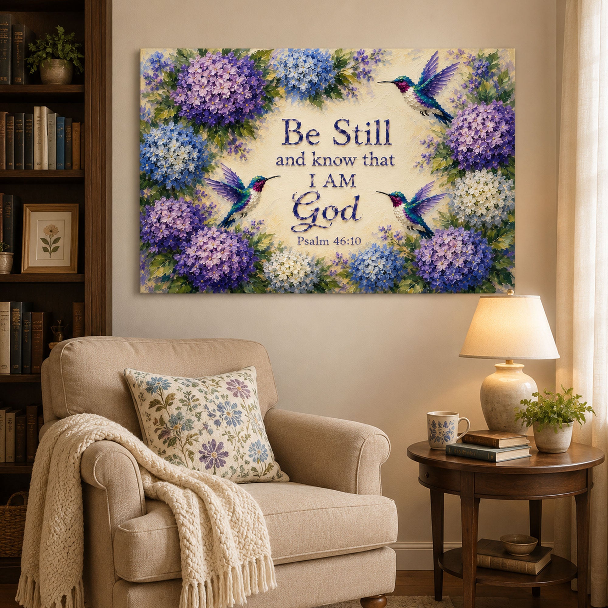 Be Still Psalm 46:10 Canvas Print, Hummingbird Floral Christian Scripture Wall Art, Peaceful Faith Home Decor