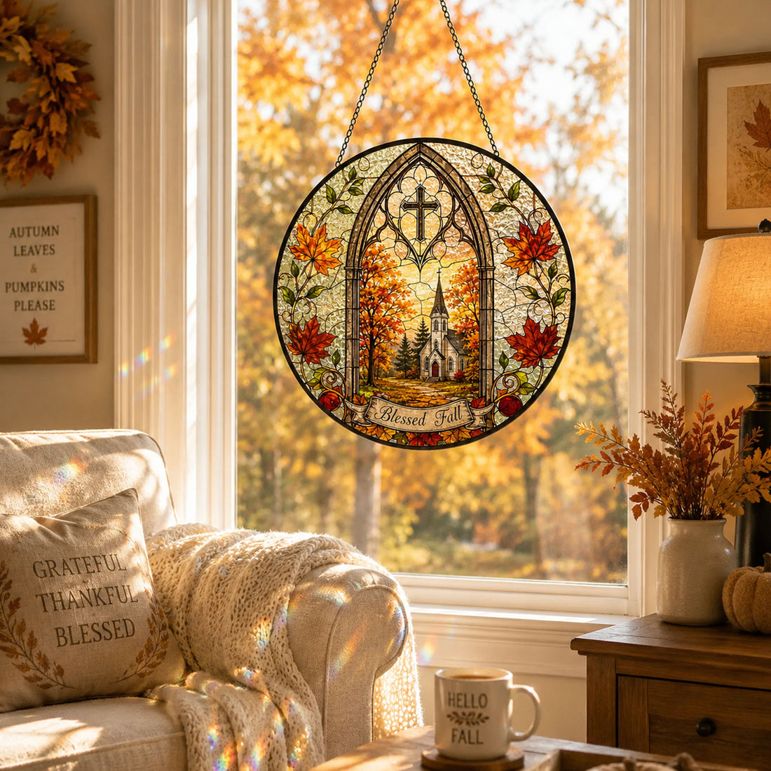 Blessed Fall Church Suncatcher, Autumn Leaves Christian Window Decor, Faith Gift for Home