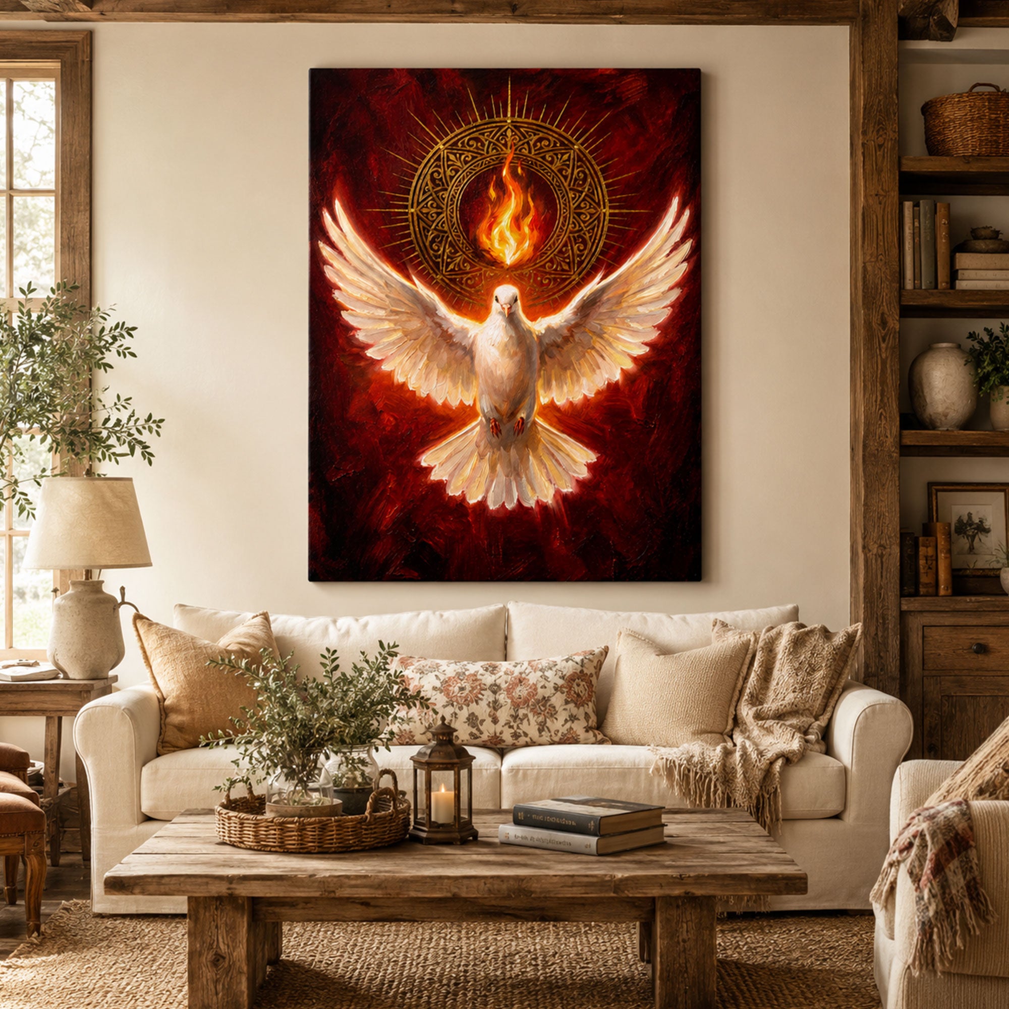 Holy Spirit Dove Wall Art, Red and Gold Pentecost Fire Canvas Print, Christian Catholic Home Decor