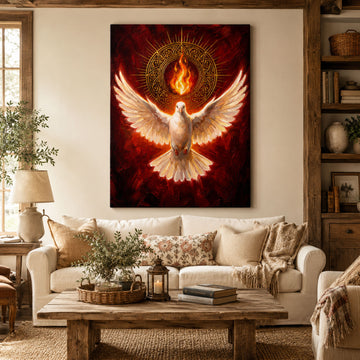 Holy Spirit Dove Wall Art, Red and Gold Pentecost Fire Canvas Print, Christian Catholic Home Decor