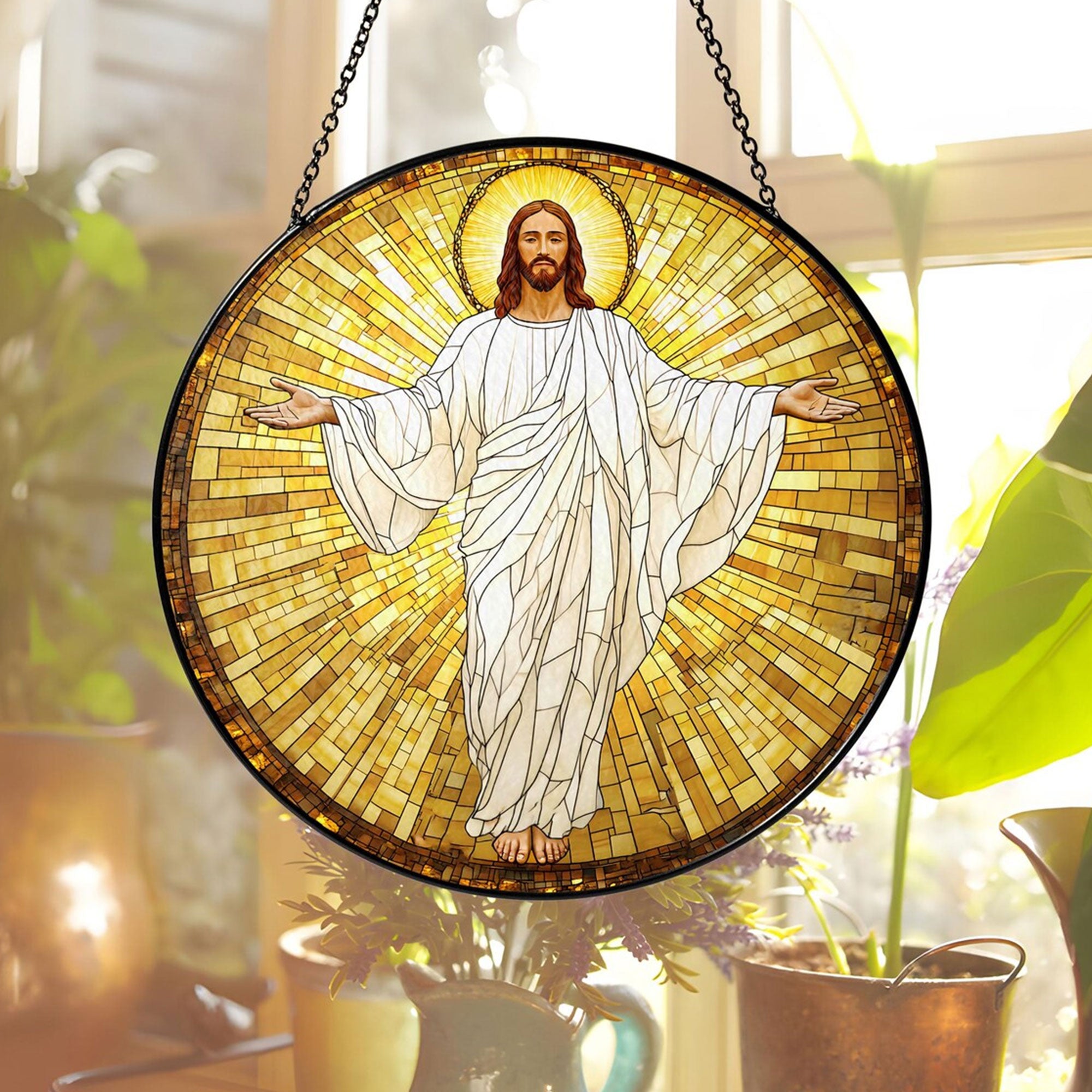 Jesus Christ Stained Glass Suncatcher, Christian Window Hanging Decor, Religious Faith Gift, Spiritual Home Ornament