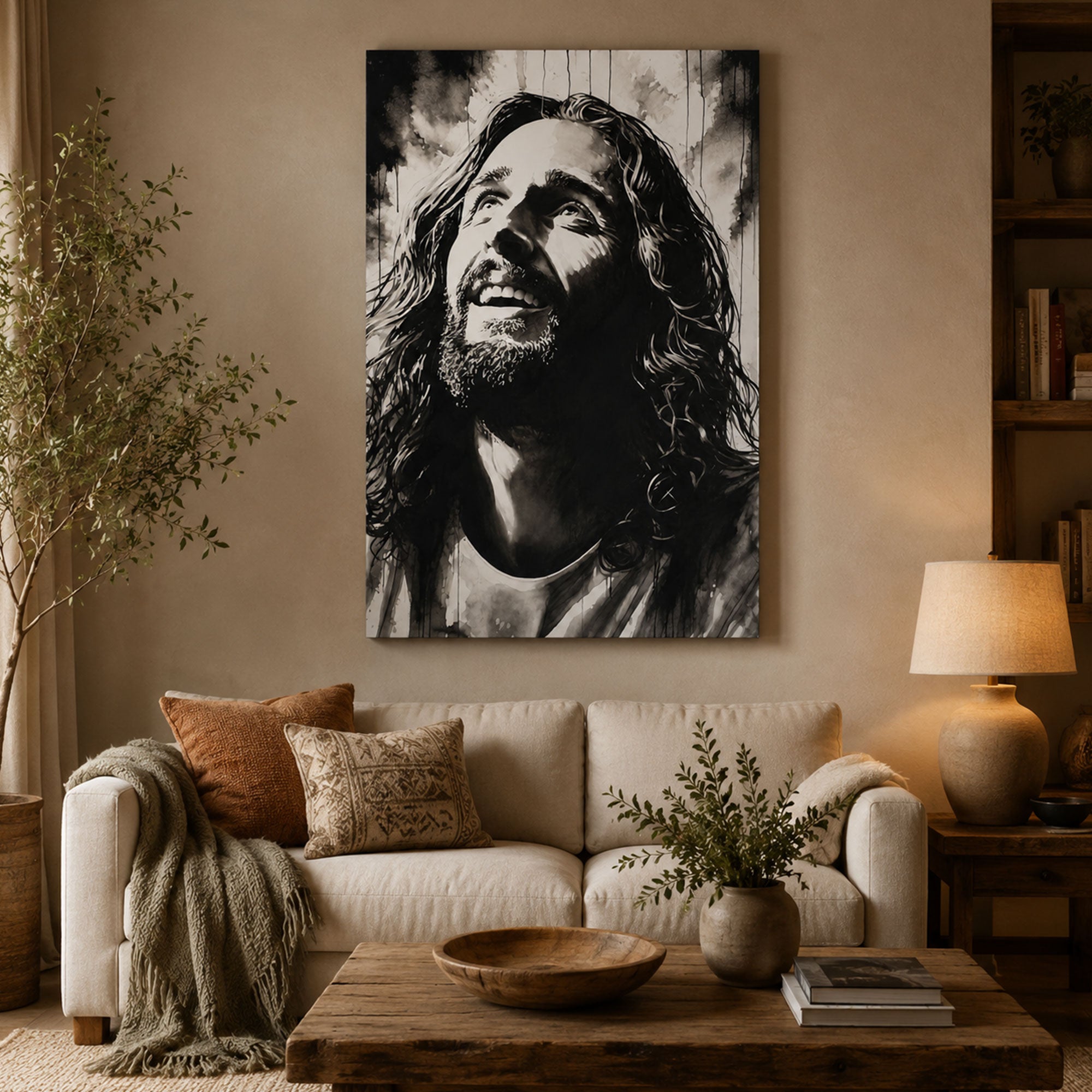 Smiling Jesus Portrait Canvas Print, Black White Christian Wall Art, Faith Home Decor