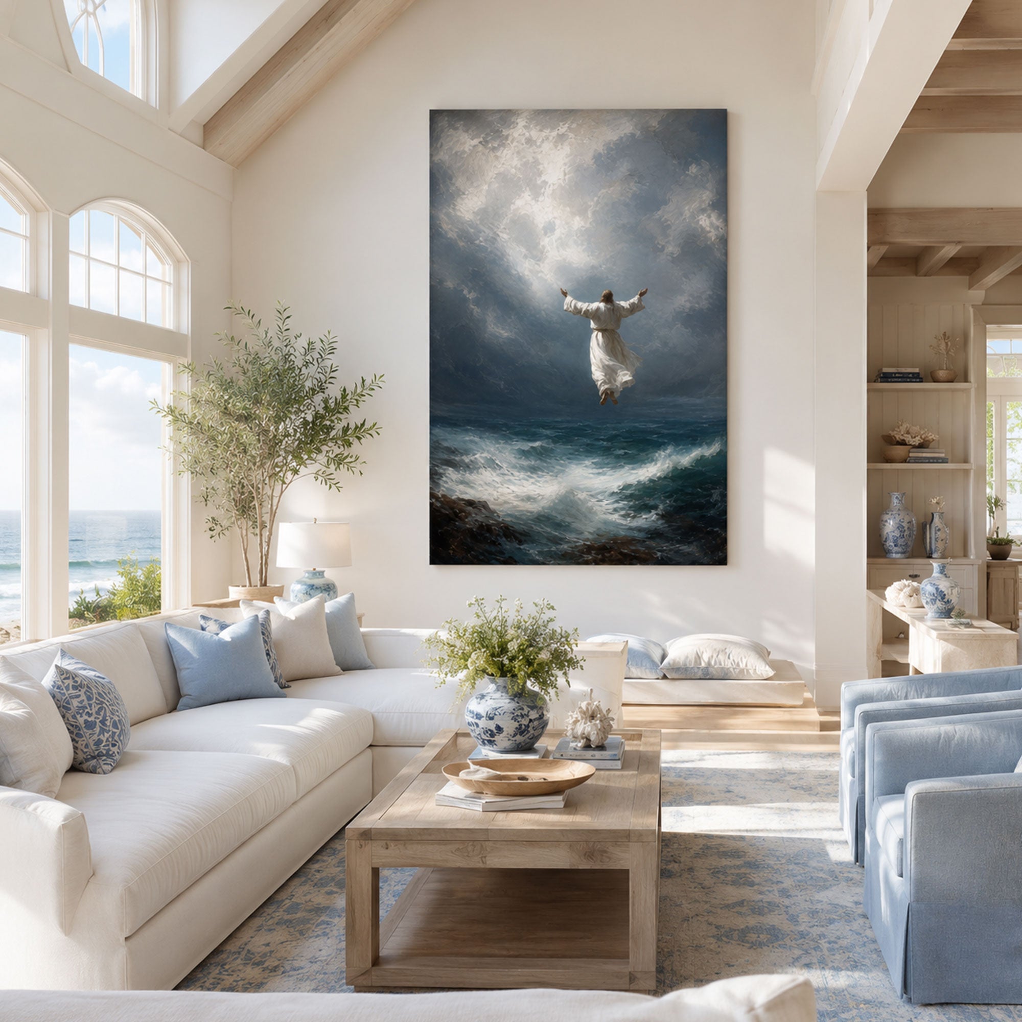 Jesus Ascension Canvas Print, Heavenly Christian Wall Art, Spiritual Ocean Faith Decor, Inspirational Religious Gift