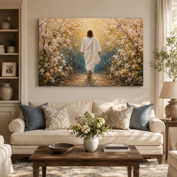 Jesus Leading the Way Canvas Print, Walk With Jesus Christian Wall Art, Floral Faith Journey Home Decor
