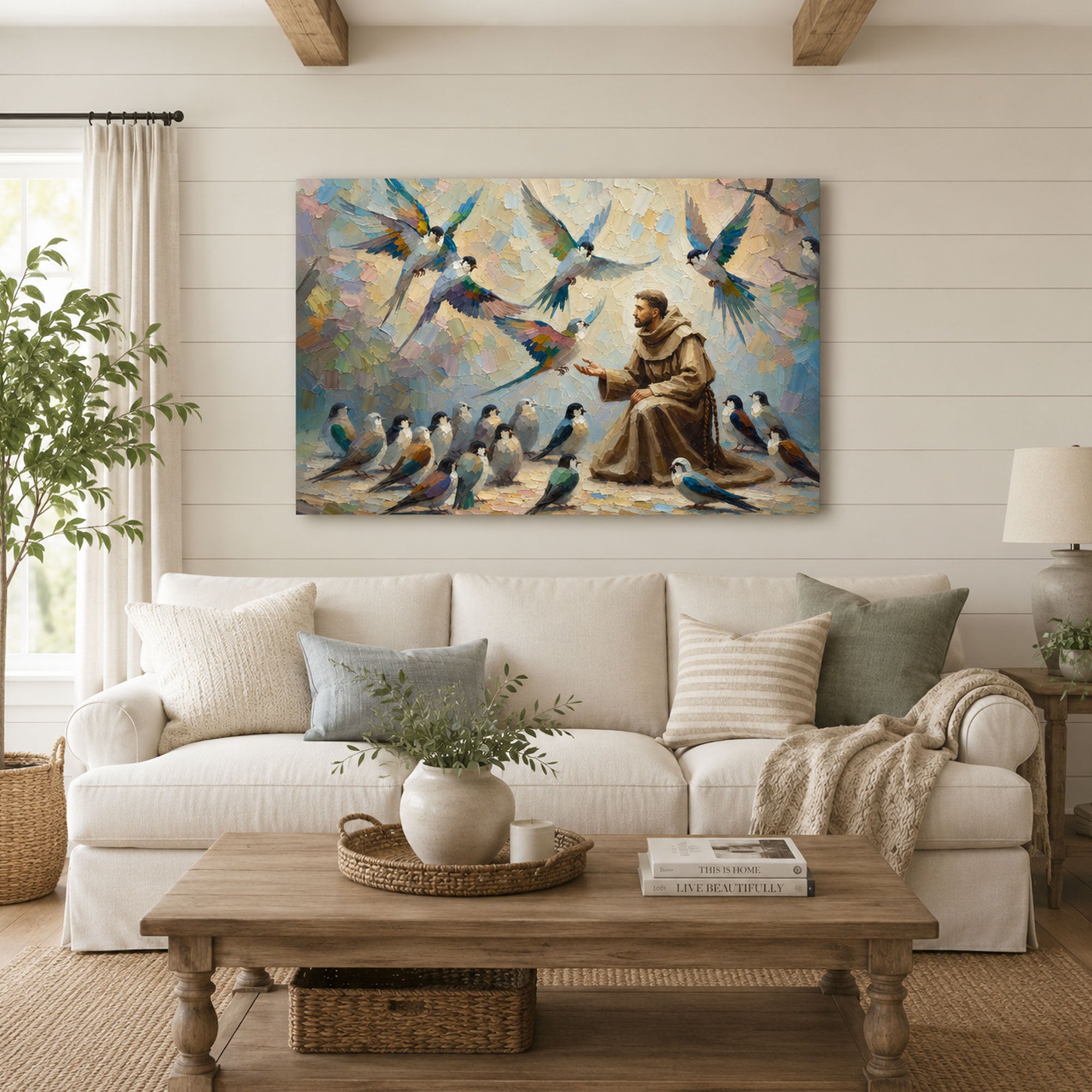 Saint Francis of Assisi Canvas Print, Catholic Saint Wall Art with Birds, Christian Home Decor Gift