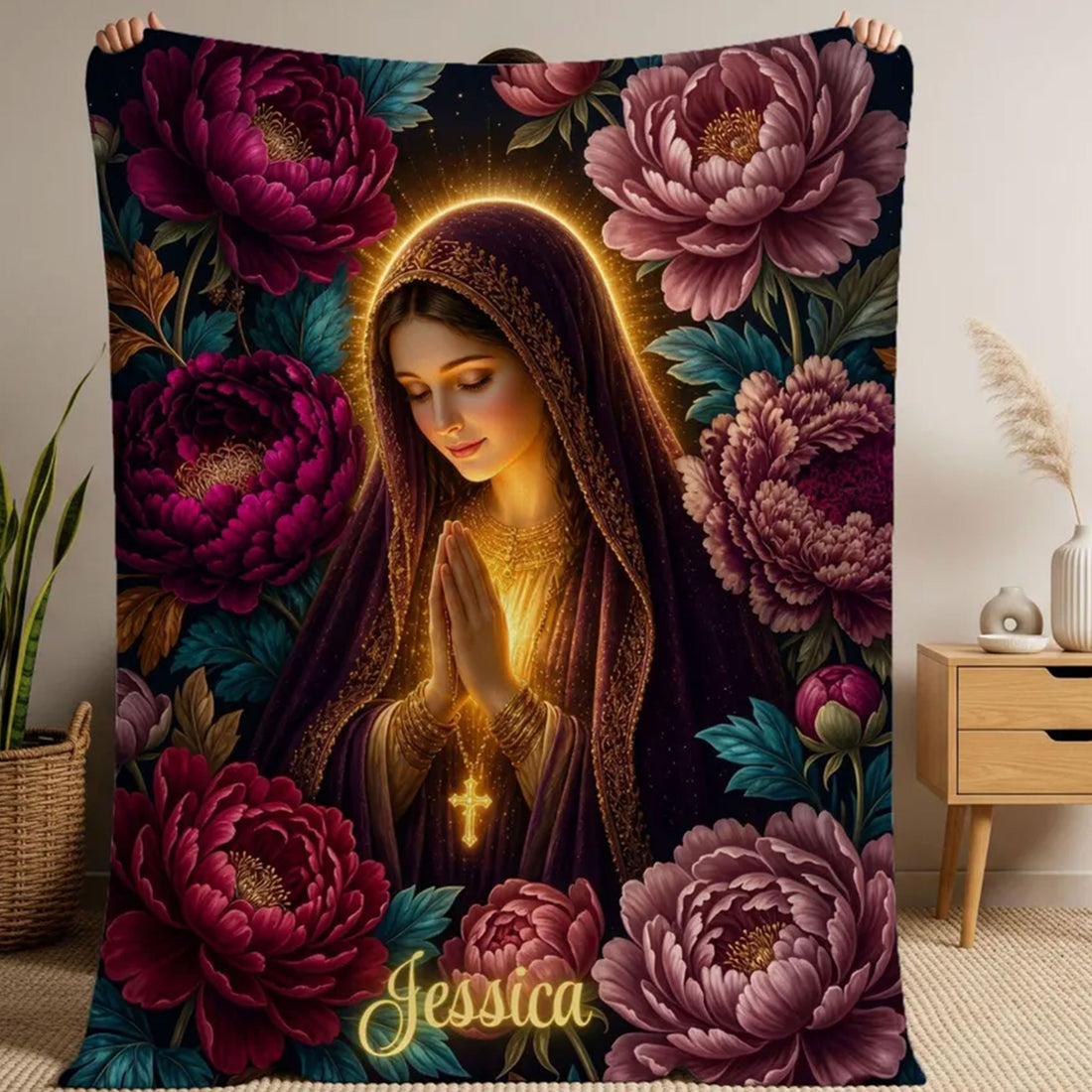 Personalized Virgin Mary Prayer Fleece Blanket, Catholic Floral Throw, Custom Name Christian Gift for Mom or Grandma, Faith Gift