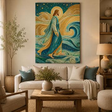 Jesus Walking on Water Mosaic Canvas Print, Gustav Klimt Inspired Christian Wall Art, Golden Spiritual Home Decor