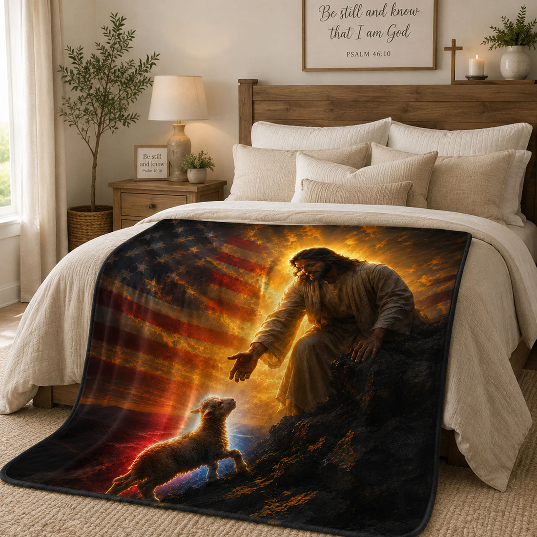 Jesus Good Shepherd Fleece Blanket, American Flag Christian Throw, Faith Gift for Believers