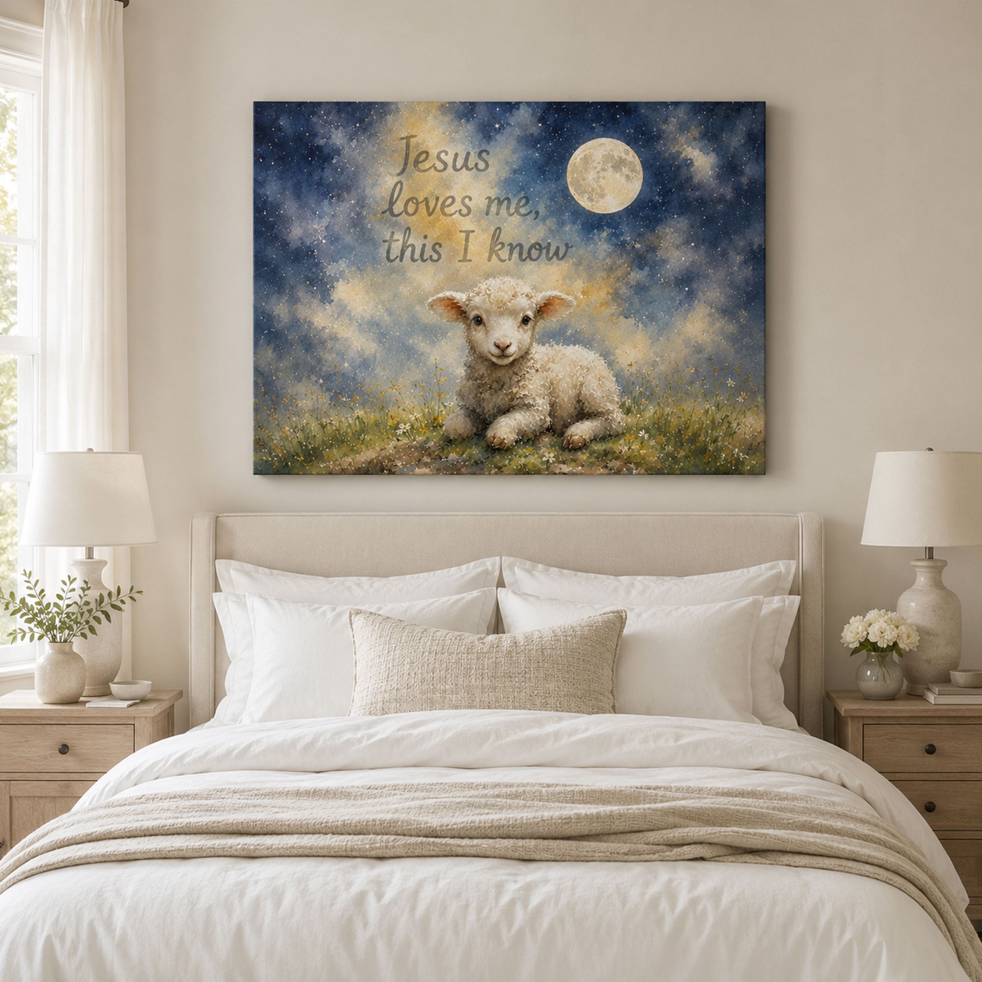 Jesus Loves Me This I Know Canvas Print, Moonlit Lamb Christian Decor