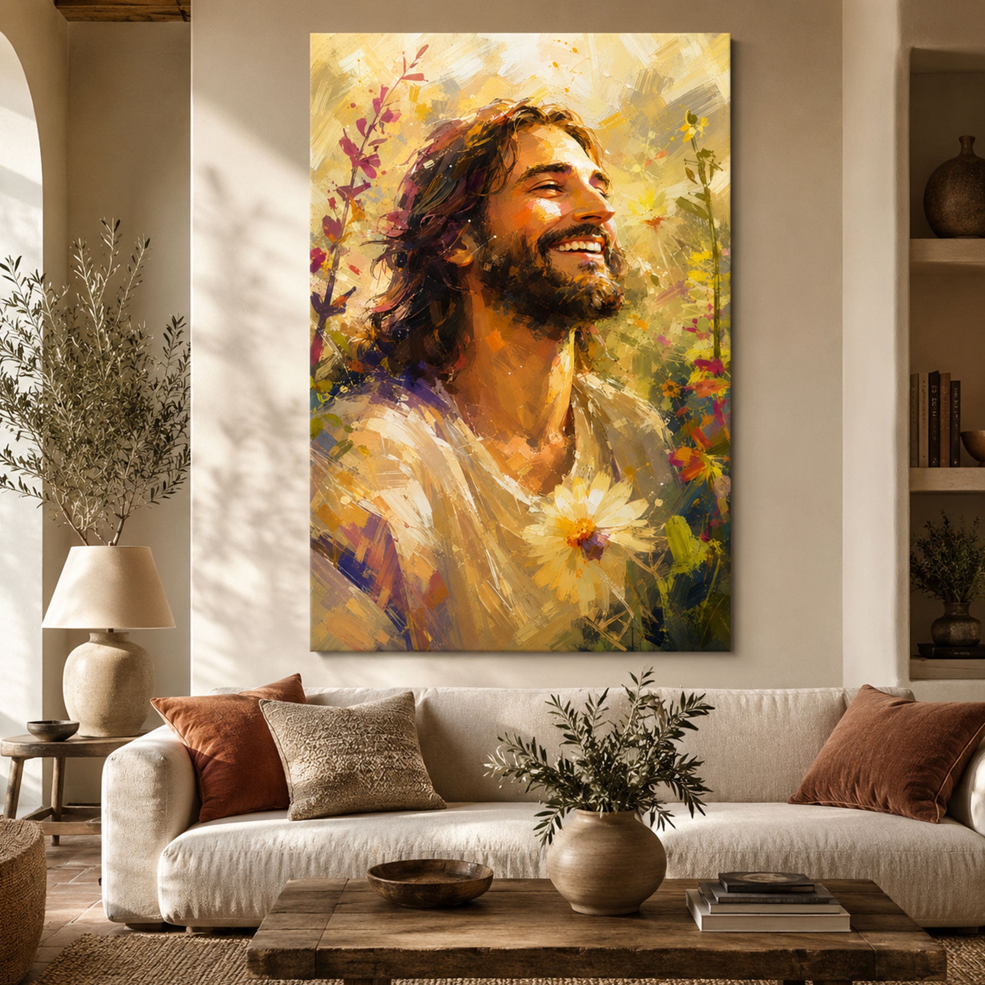 Smiling Jesus Portrait Canvas Print, Joyful Christian Wall Art, Floral Faith Home Decor