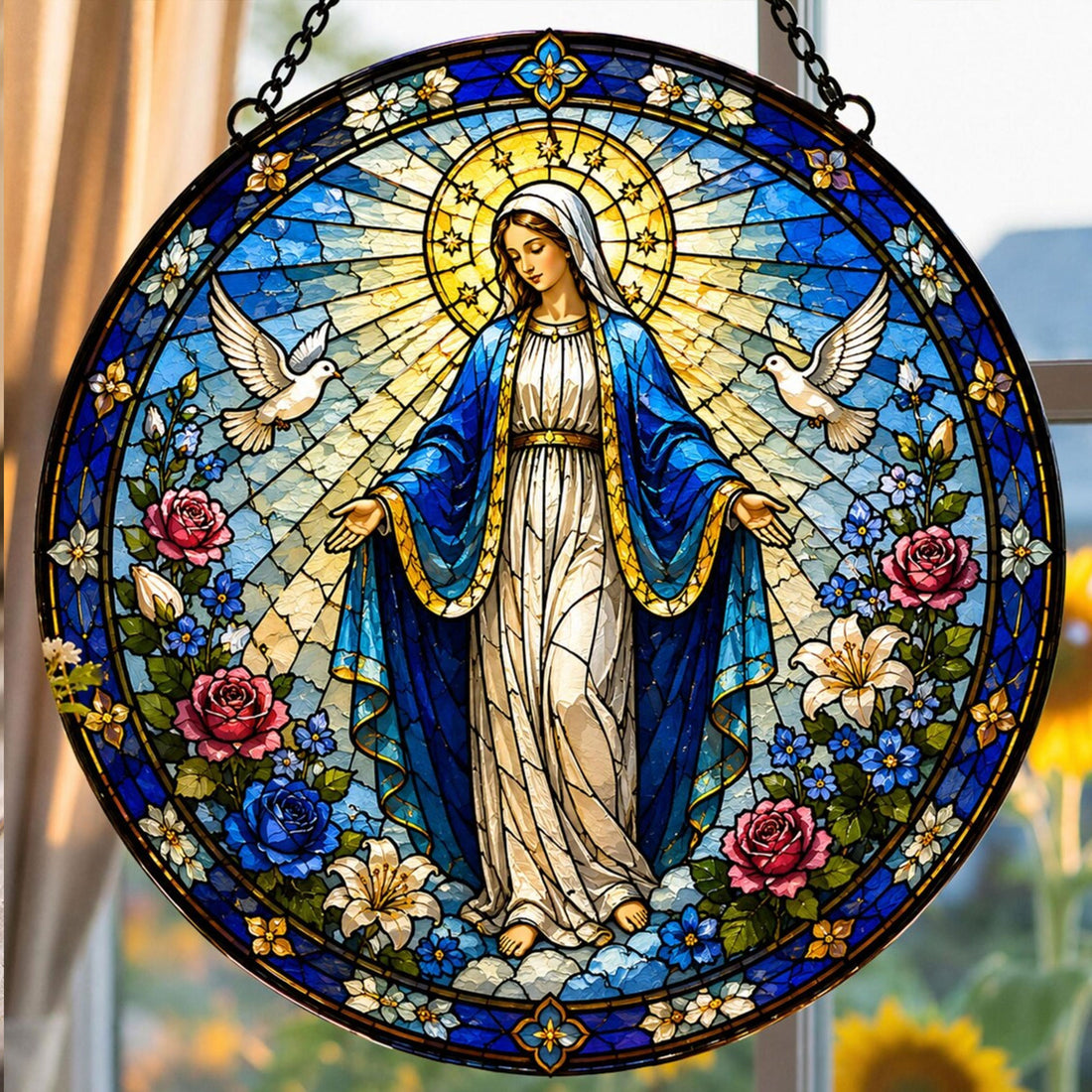 Virgin Mary Suncatcher, Our Lady of Grace Floral Window Hanging, Catholic Gift