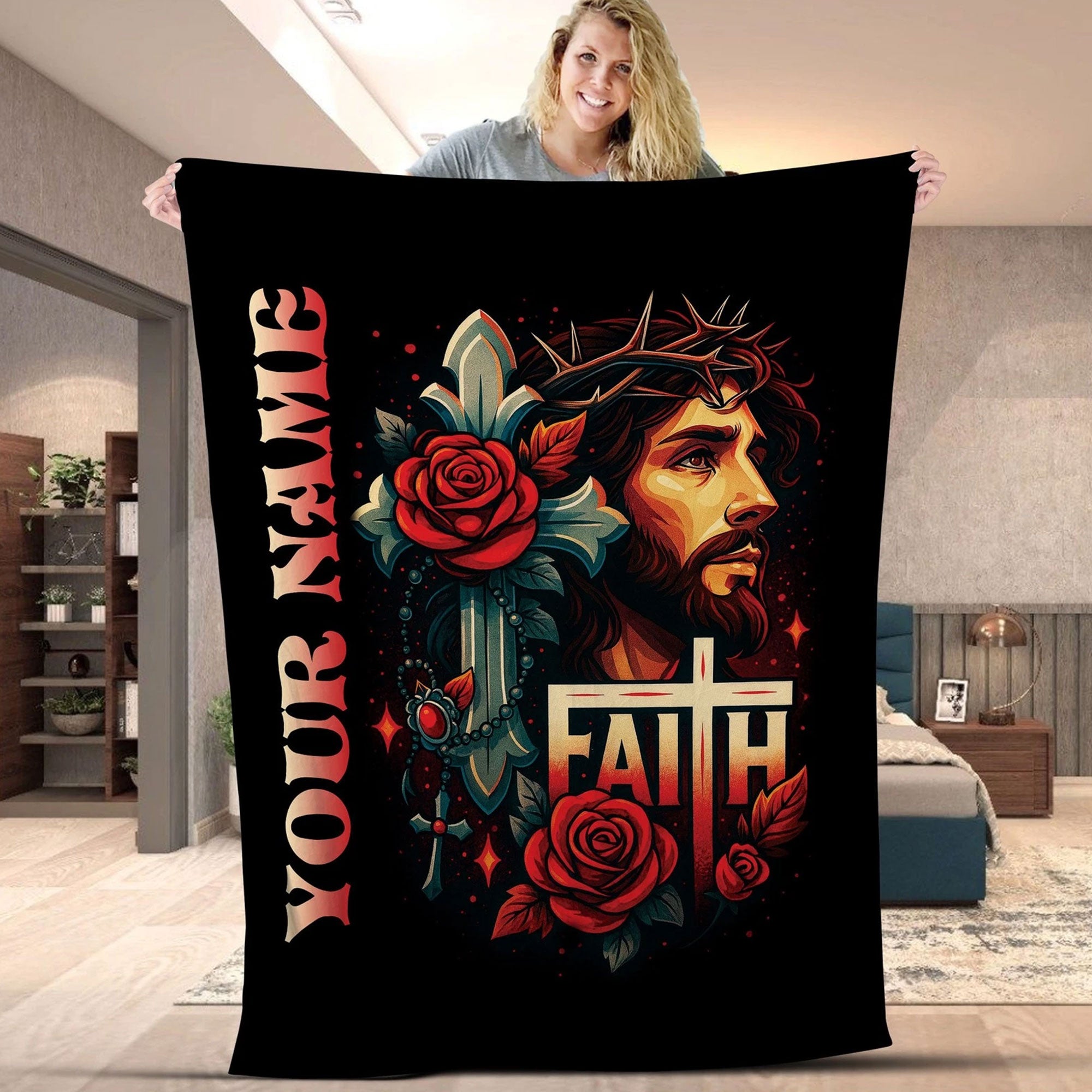 Custom Name Floral Jesus Fleece Blanket, Christian Faith Throw, Religious Gift for Believers, Inspirational Home Decor
