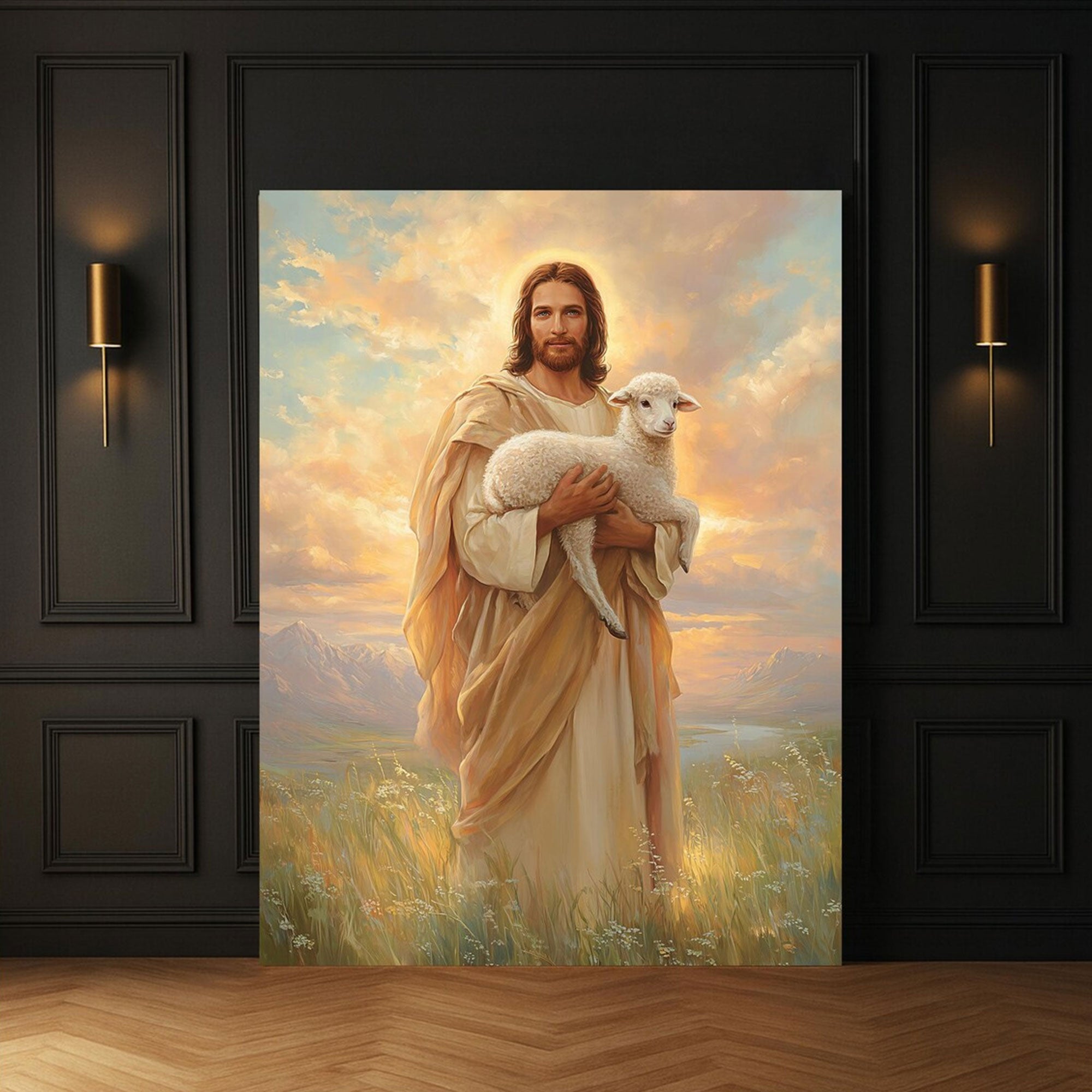 Good Shepherd Jesus Canvas Wall Art, Christ Carrying Lamb at Sunset, Christian Faith Decor, Inspirational Religious Artwork
